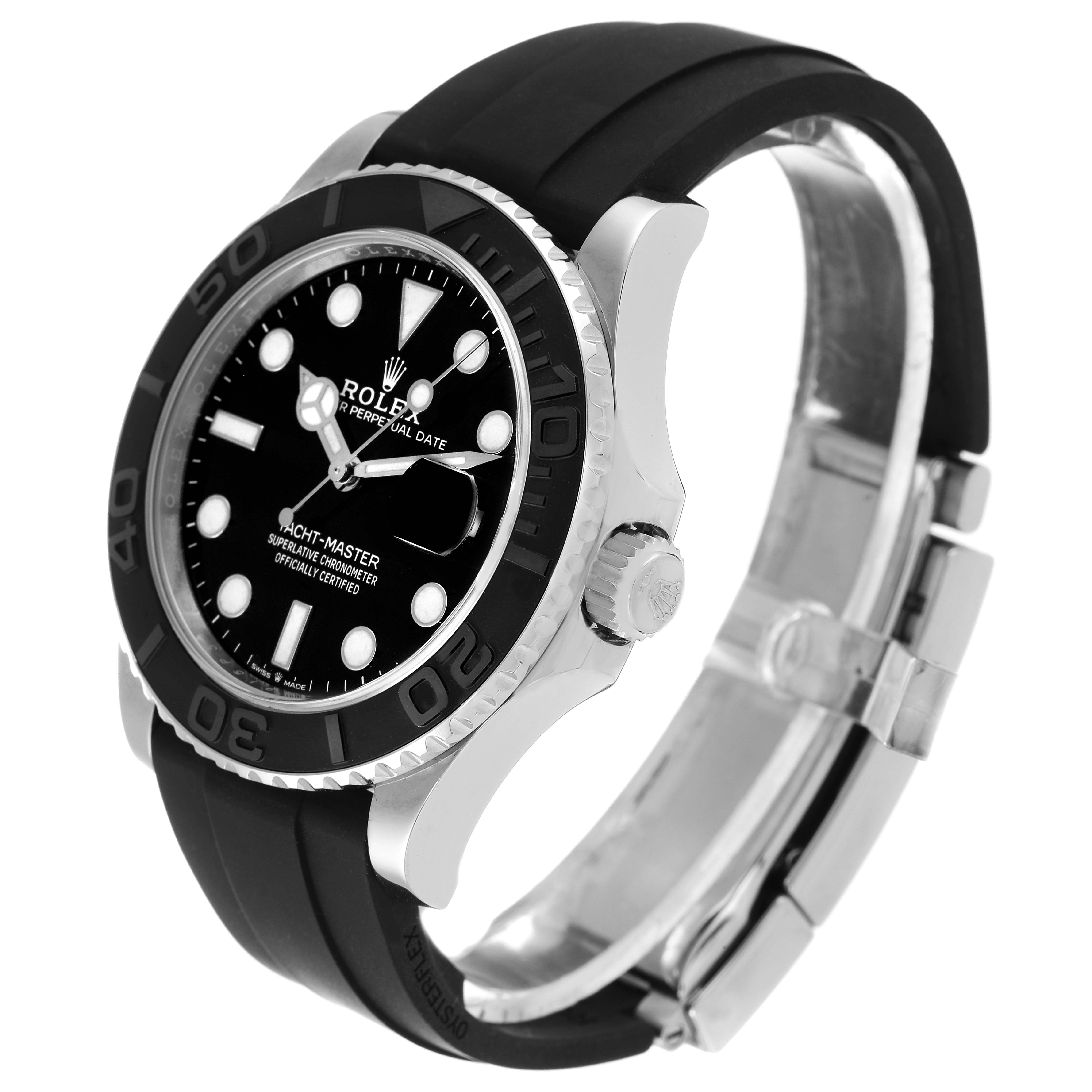 The image shows a Rolex Yacht-Master 226659 Men
s White Gold Black Dial 226659 Men
s White Gold Black Dial watch at a three-quarter angle, highlighting the black dial, bezel, and rubber strap.