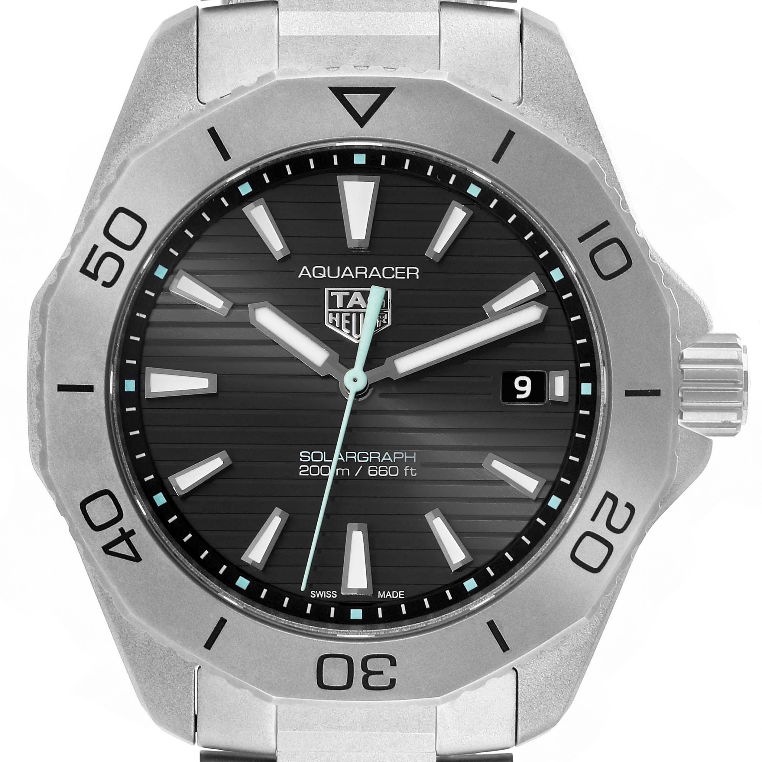 The image shows a front view of a Tag Heuer Aquaracer WBP1180.BF0000 Men's Titanium Black Dial WBP1180.BF0000 Men's Titanium Black Dial watch, displaying its dial, bezel, and crown.