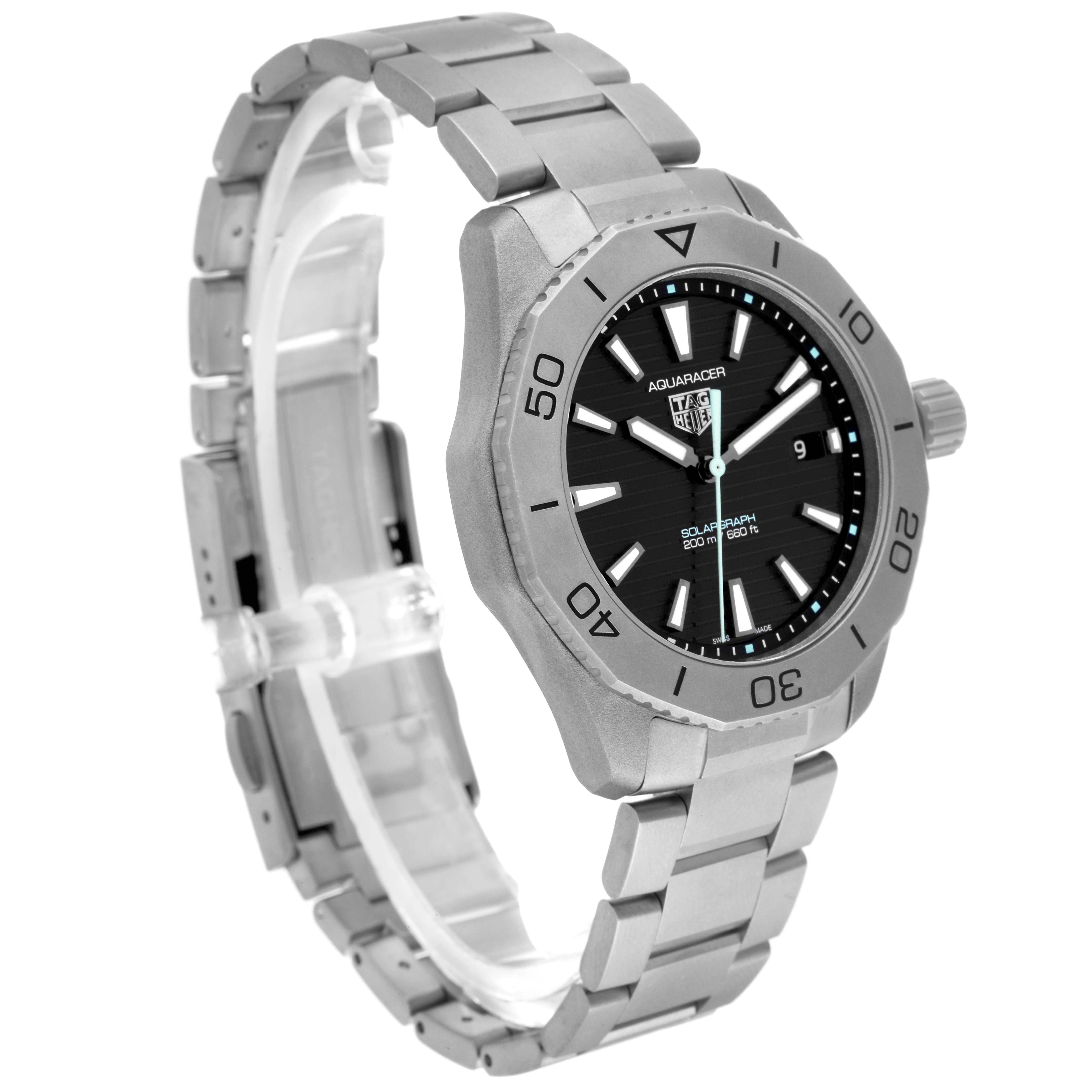 The image shows a Tag Heuer Aquaracer WBP1180.BF0000 Men's Titanium Black Dial WBP1180.BF0000 Men's Titanium Black Dial watch from an angled front view, highlighting the face, bezel, crown, and bracelet.