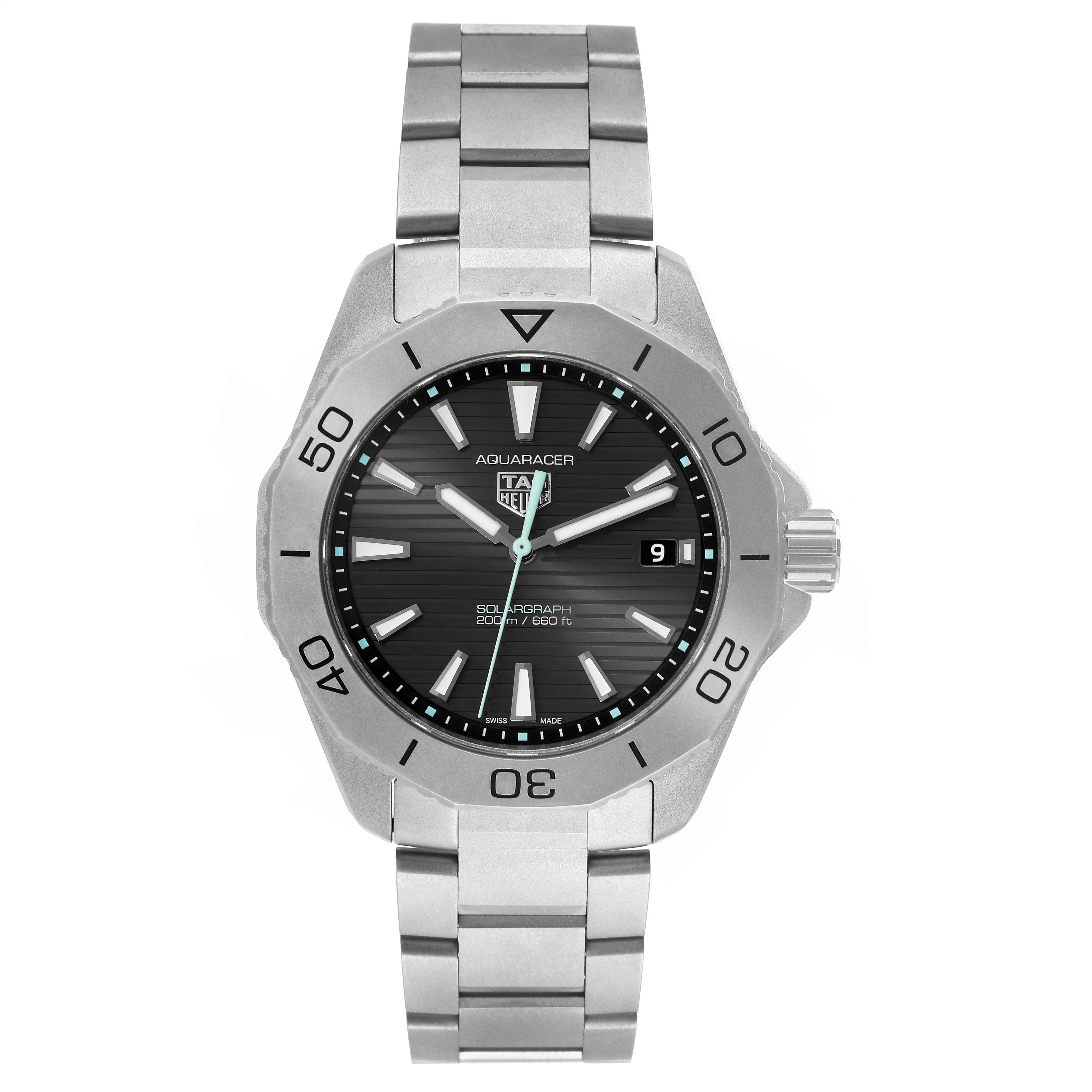 The image shows a front view of a Tag Heuer Aquaracer WBP1180.BF0000 Men's Titanium Black Dial WBP1180.BF0000 Men's Titanium Black Dial watch, displaying the dial, bezel, and bracelet.