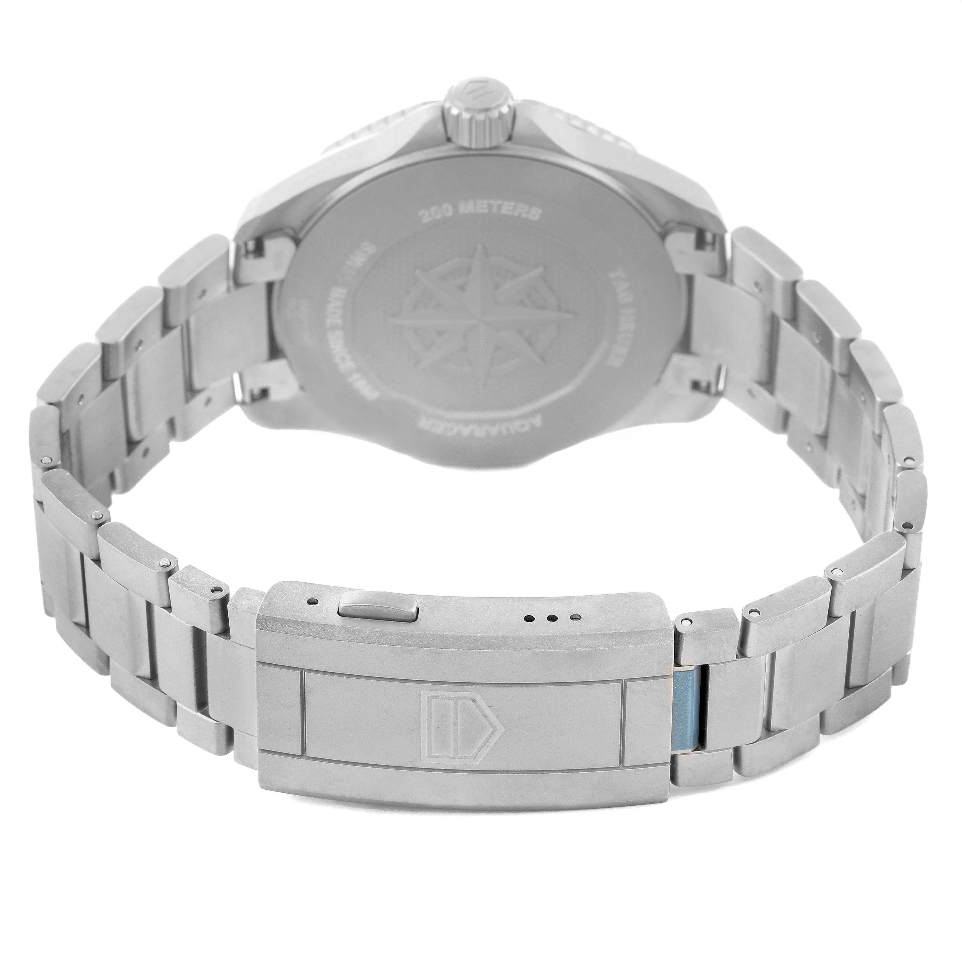 The image shows the back view of the Tag Heuer Aquaracer WBP1180.BF0000 Men's Titanium Black Dial WBP1180.BF0000 Men's Titanium Black Dial watch, focusing on the case back and metal bracelet with clasp.