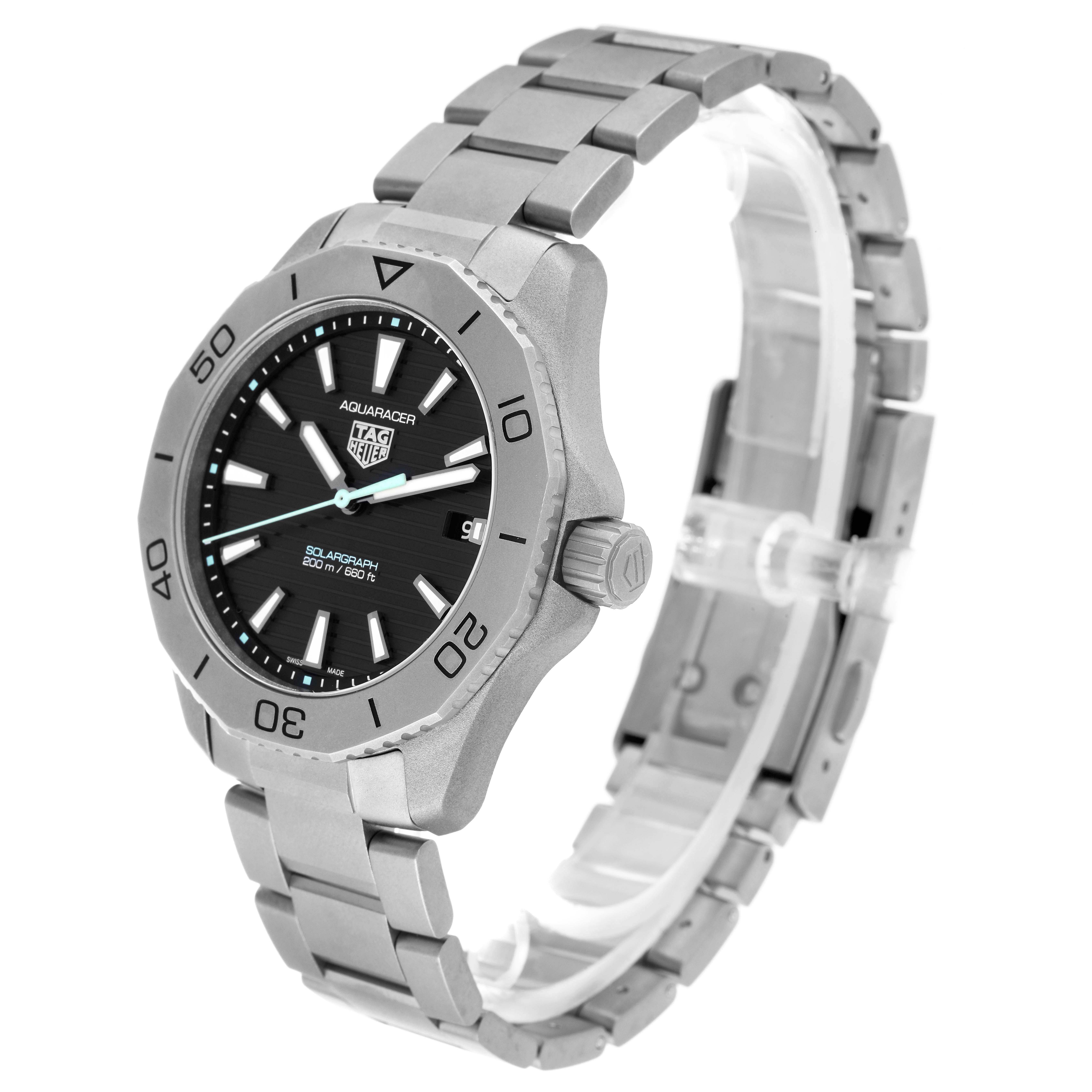 This image shows the Tag Heuer Aquaracer WBP1180.BF0000 Men's Titanium Black Dial WBP1180.BF0000 Men's Titanium Black Dial watch at a left-side angle, highlighting its face, bezel, crown, and bracelet.