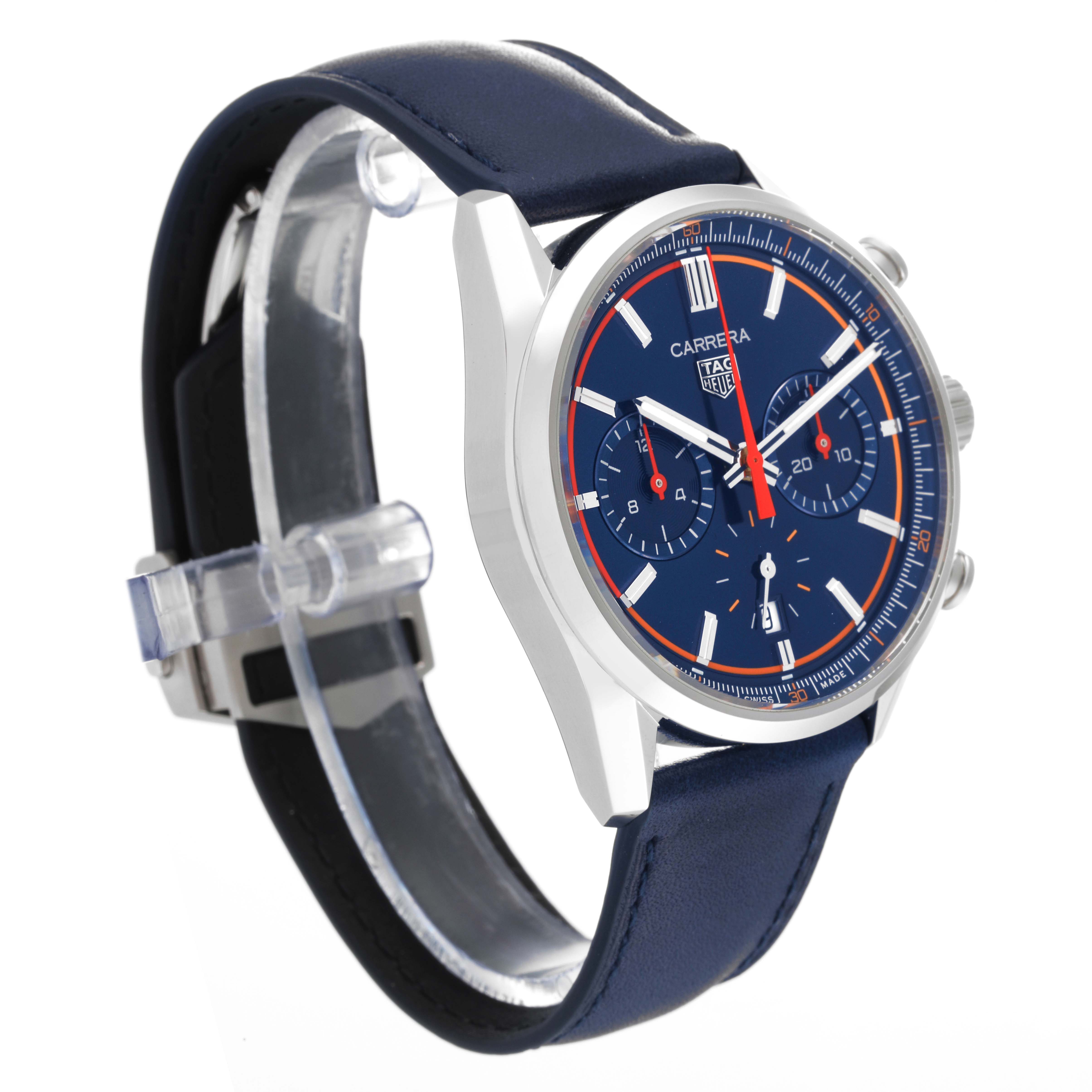 The Carrera model by Tag Heuer is shown at a slight angle, highlighting the blue dial, chronograph subdials, and blue leather strap.