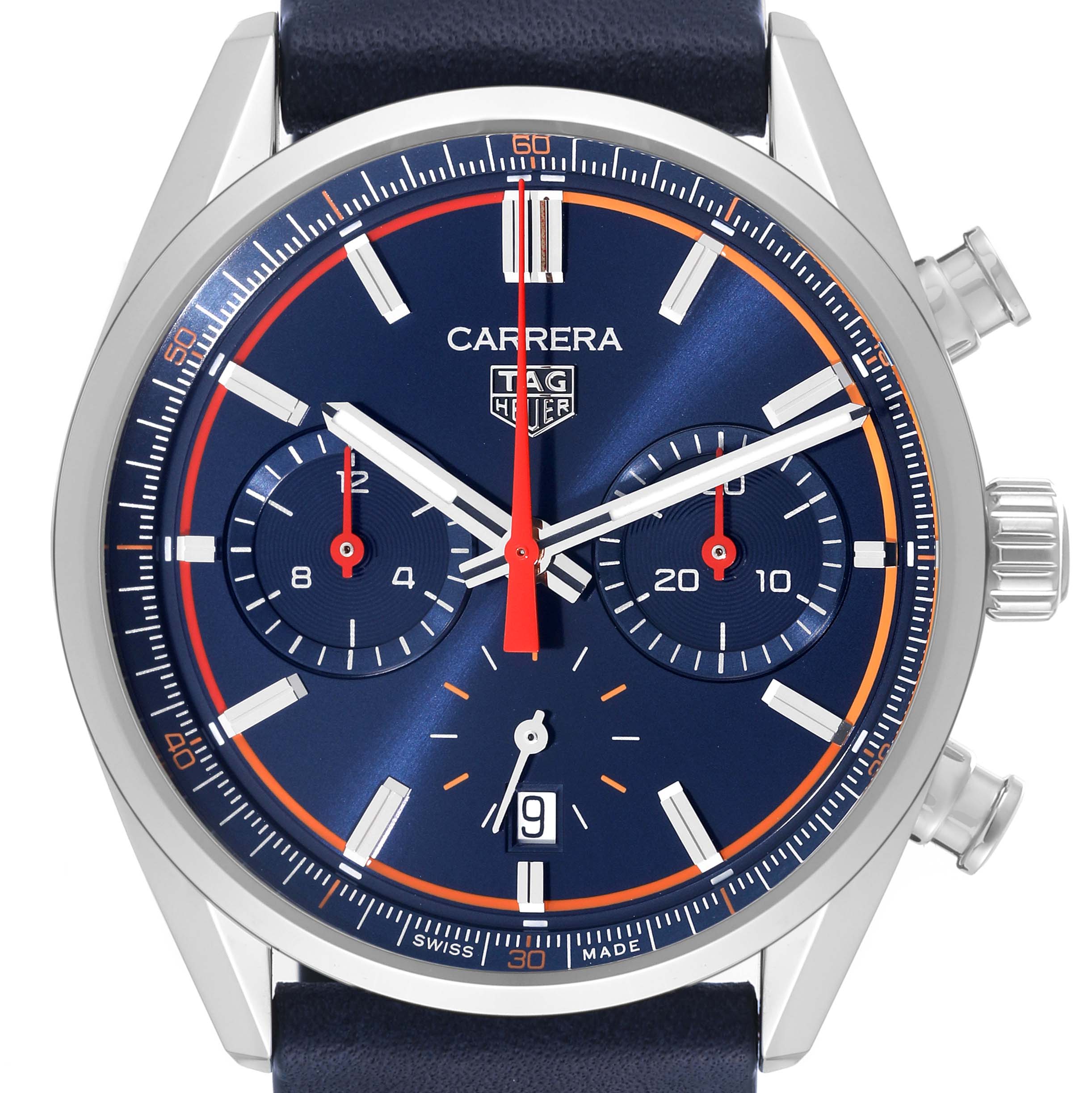The image shows a frontal view of a Tag Heuer Carrera CBN201D.FC6543 Men's Stainless Steel Blue Dial CBN201D.FC6543 Men's Stainless Steel Blue Dial watch, showcasing its dial, hands, sub-dials, and date window.