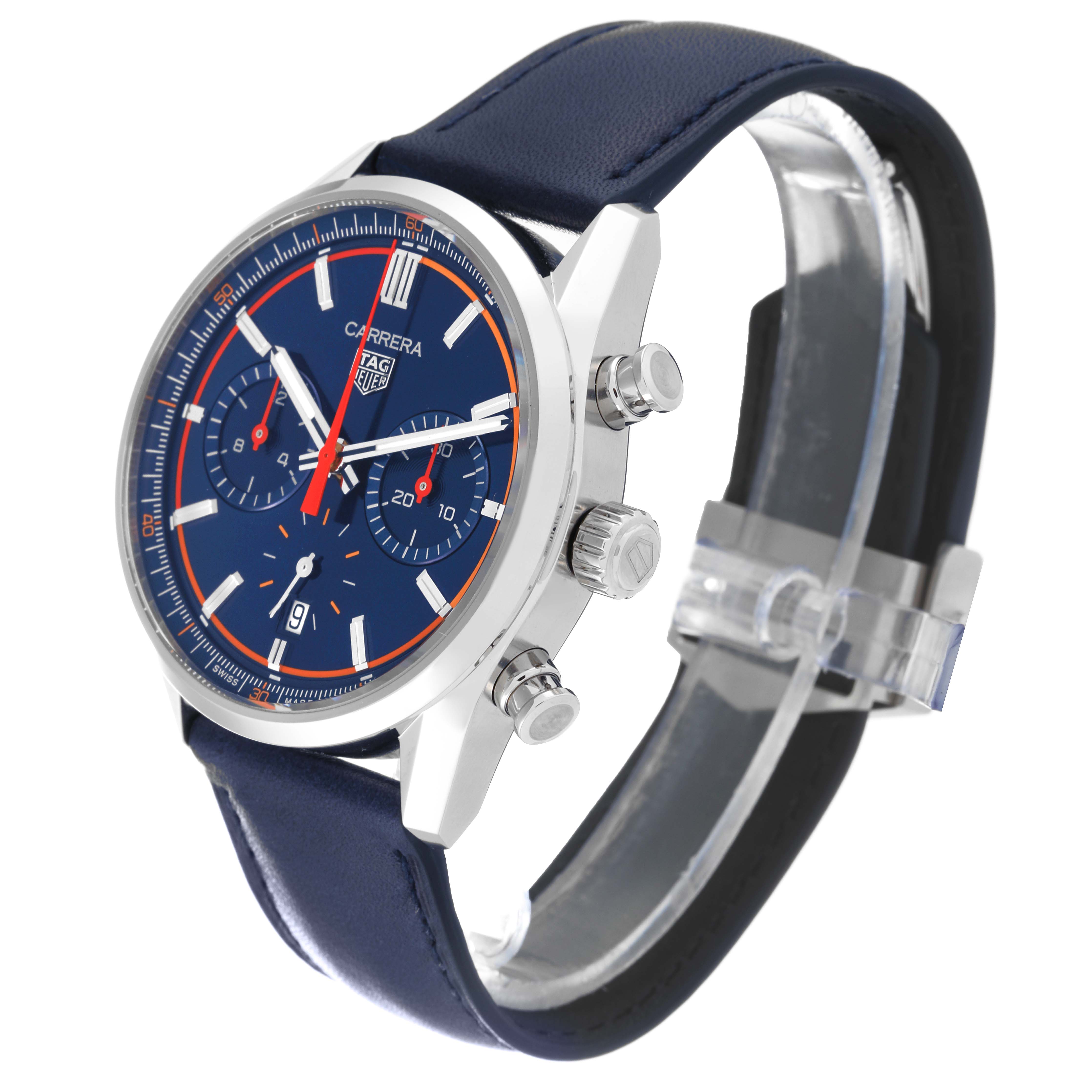 This image shows a Tag Heuer Carrera CBN201D.FC6543 Men's Stainless Steel Blue Dial CBN201D.FC6543 Men's Stainless Steel Blue Dial watch from an angled side view, highlighting the crown, pushers, dial, and strap.