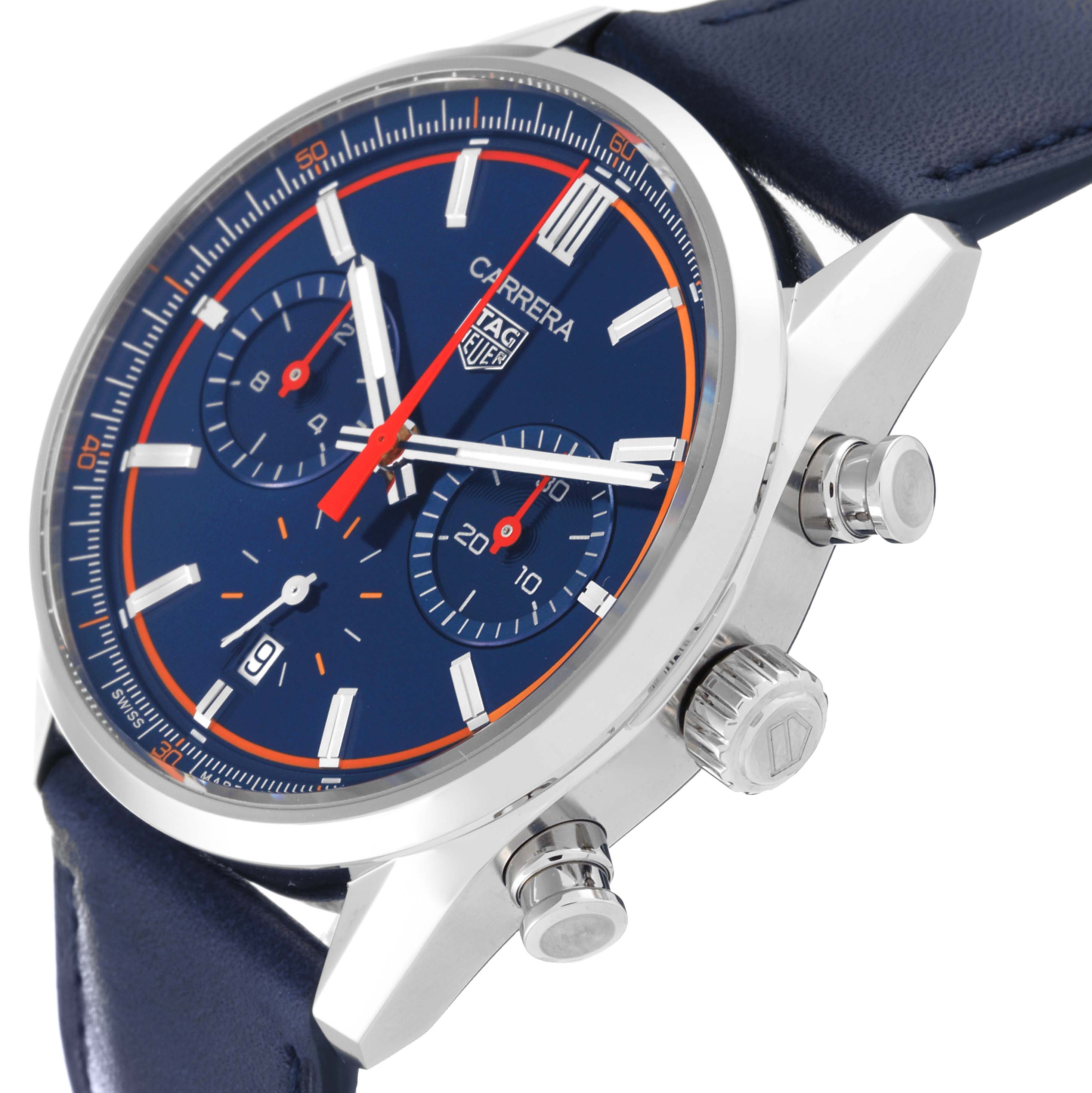 The image shows a side angle of a Tag Heuer Carrera CBN201D.FC6543 Men's Stainless Steel Blue Dial CBN201D.FC6543 Men's Stainless Steel Blue Dial watch, highlighting the dial, crown, and chronograph pushers.