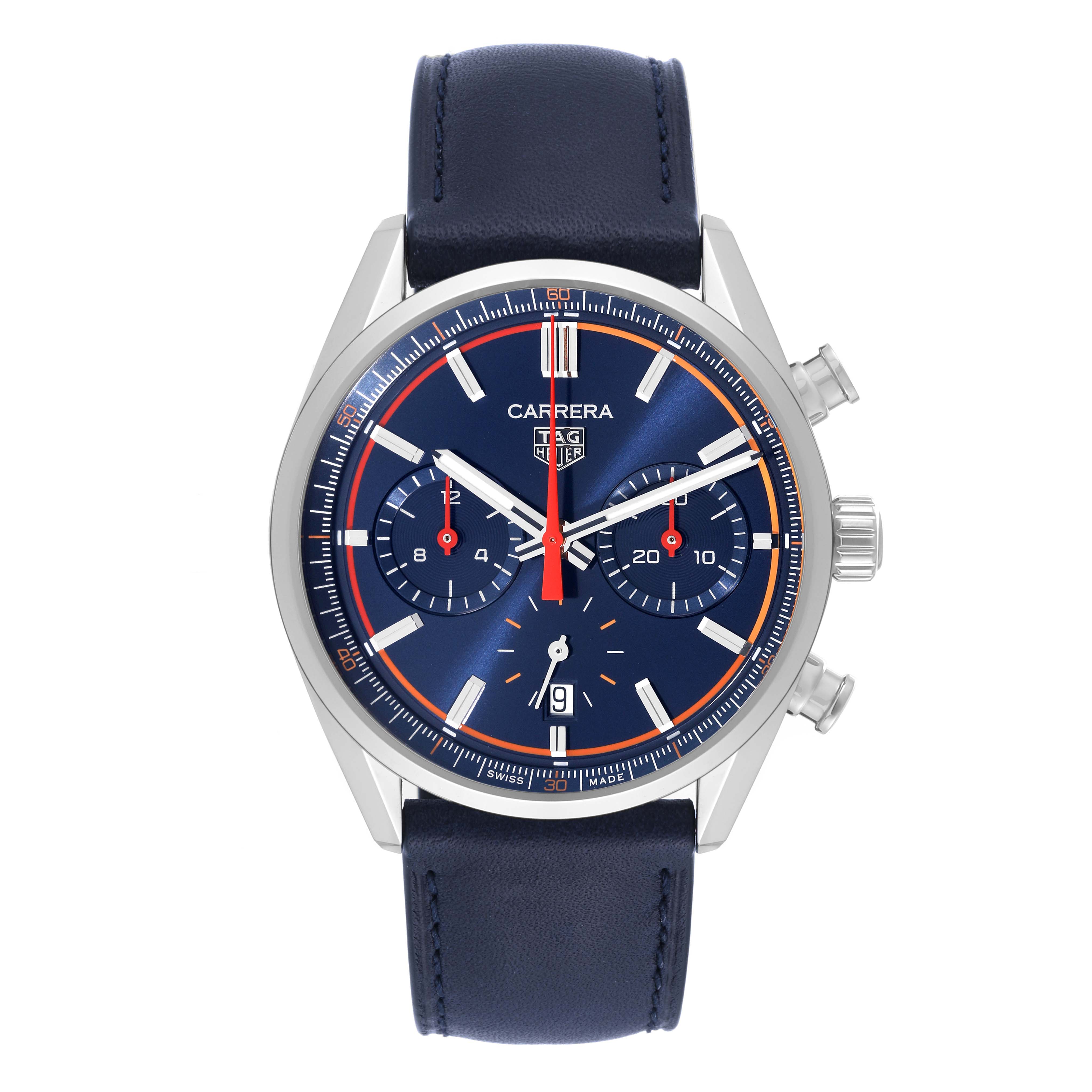 The image shows a front view of a Tag Heuer Carrera CBN201D.FC6543 Men's Stainless Steel Blue Dial CBN201D.FC6543 Men's Stainless Steel Blue Dial watch, highlighting the face, dials, and strap.
