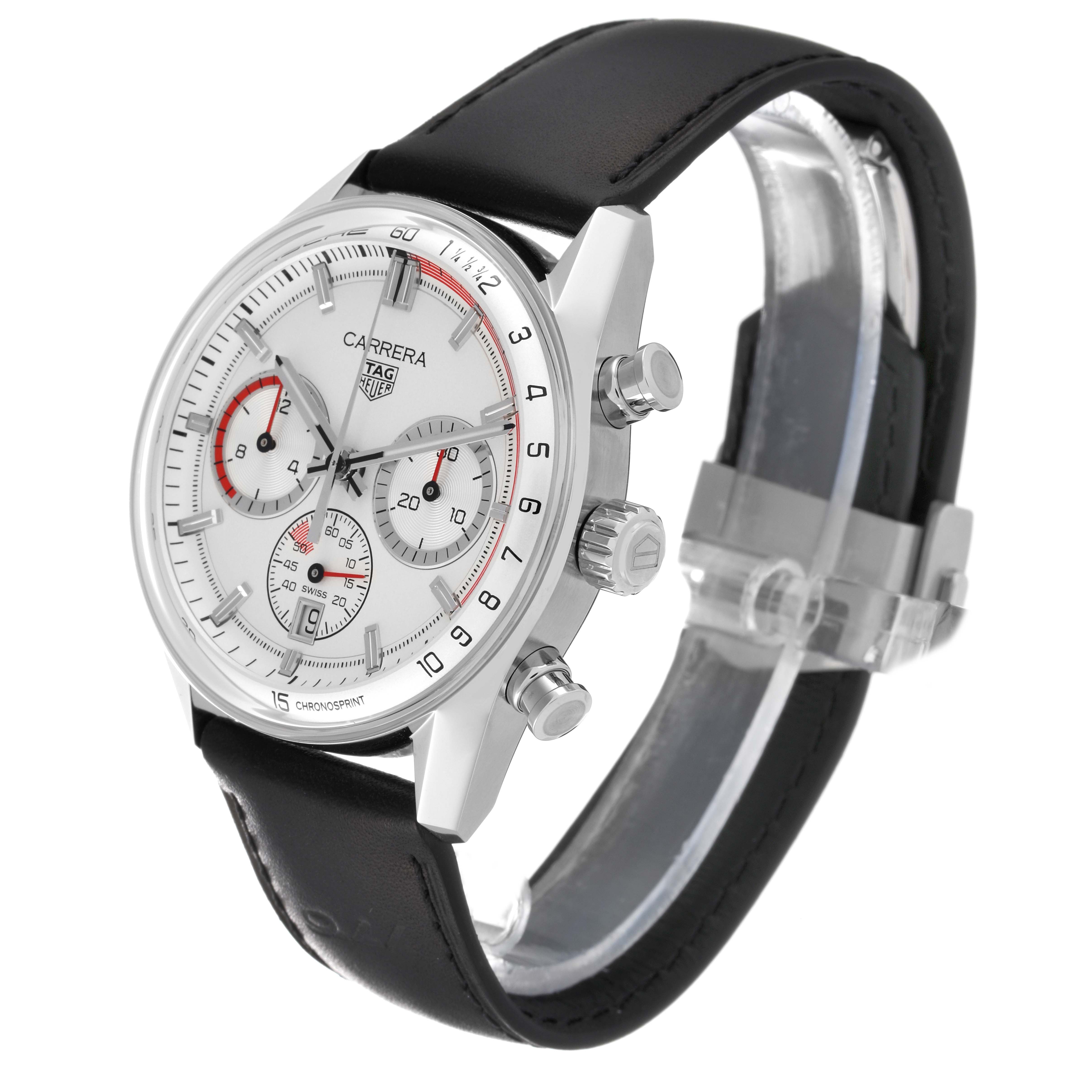The image shows a side angle of a Tag Heuer Carrera CBS2011.FC6529 Men's Stainless Steel Silver Dial CBS2011.FC6529 Men's Stainless Steel Silver Dial watch, highlighting its chronograph, dial, case, and leather strap.