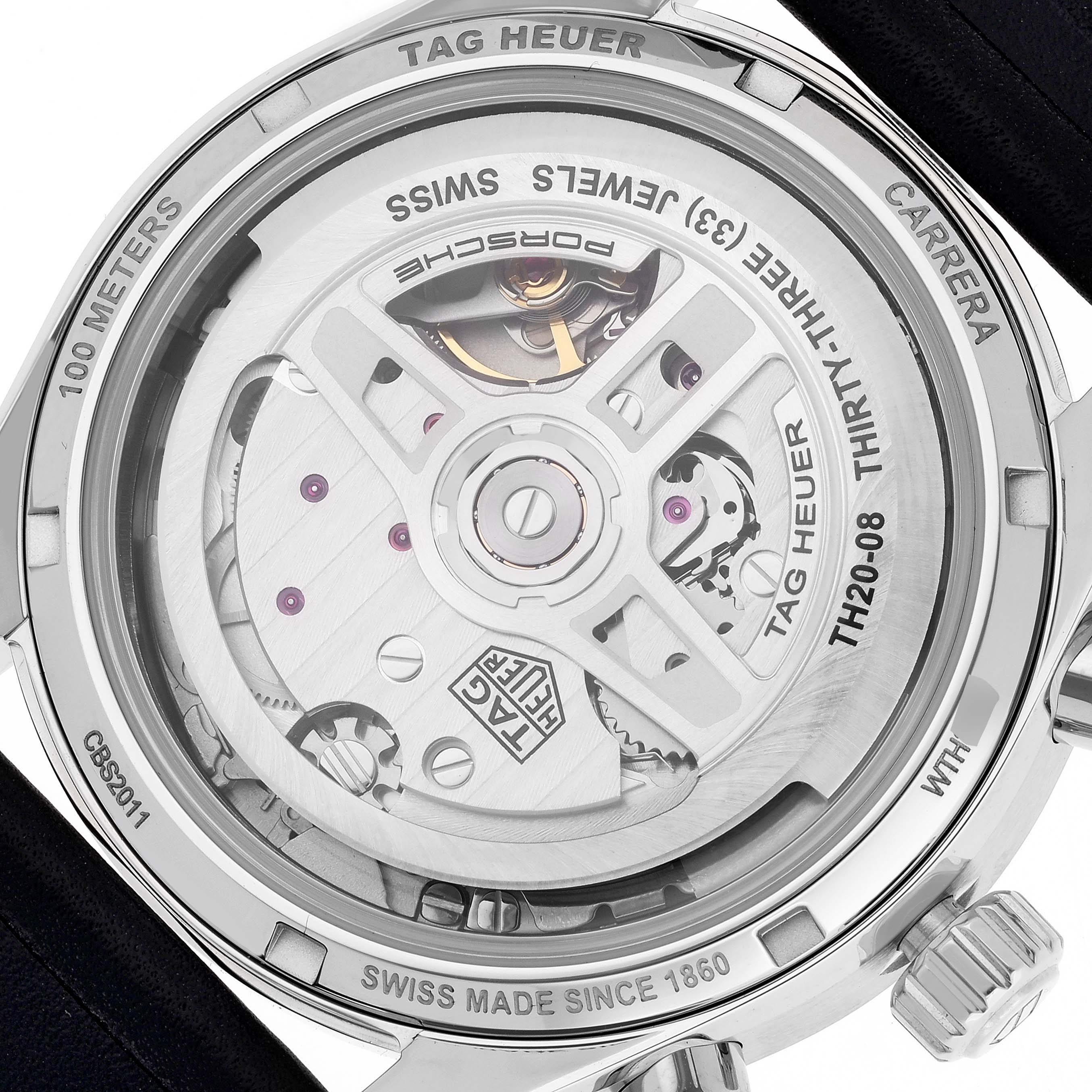 This image shows the back of a Carrera model Tag Heuer watch, displaying its intricate movement and engravings.