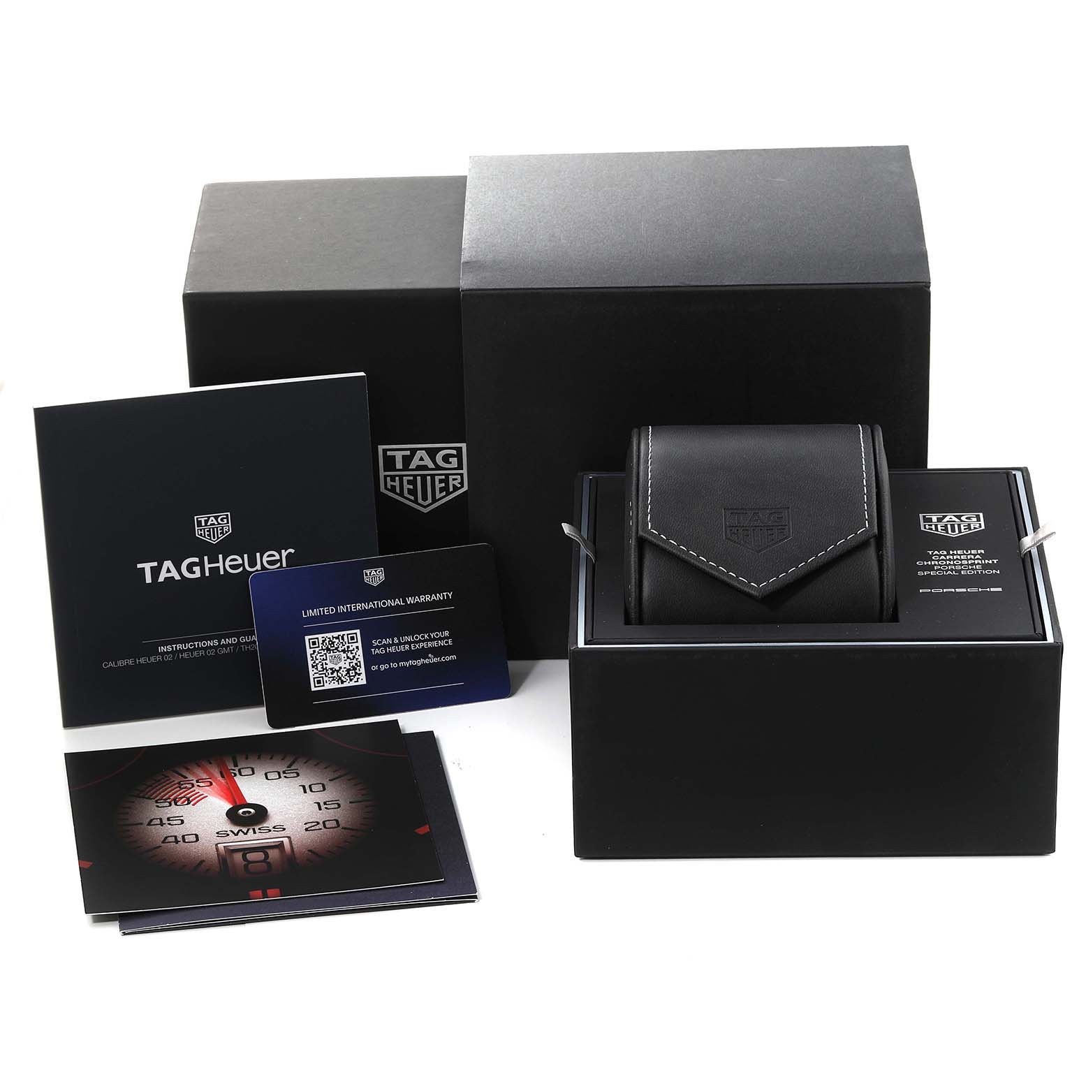 The image shows the packaging and accessories for a Tag Heuer Carrera CBS2011.FC6529 Men's Stainless Steel Silver Dial CBS2011.FC6529 Men's Stainless Steel Silver Dial model, including a box, instruction manuals, warranty card, and a watch case.