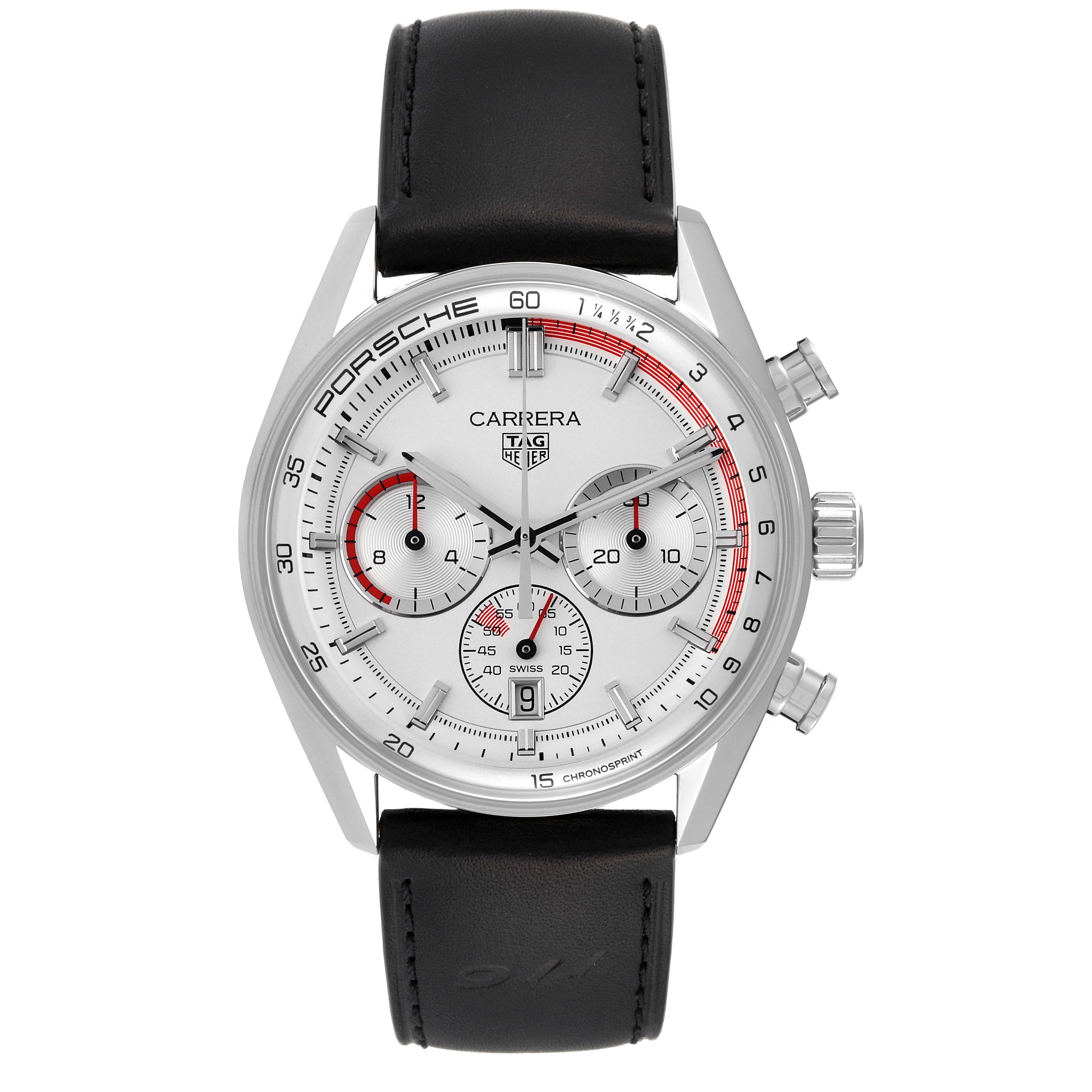 The Tag Heuer Carrera CBS2011.FC6529 Men's Stainless Steel Silver Dial CBS2011.FC6529 Men's Stainless Steel Silver Dial watch is shown from a front angle, displaying its dial, subdials, bezel, and black leather strap.