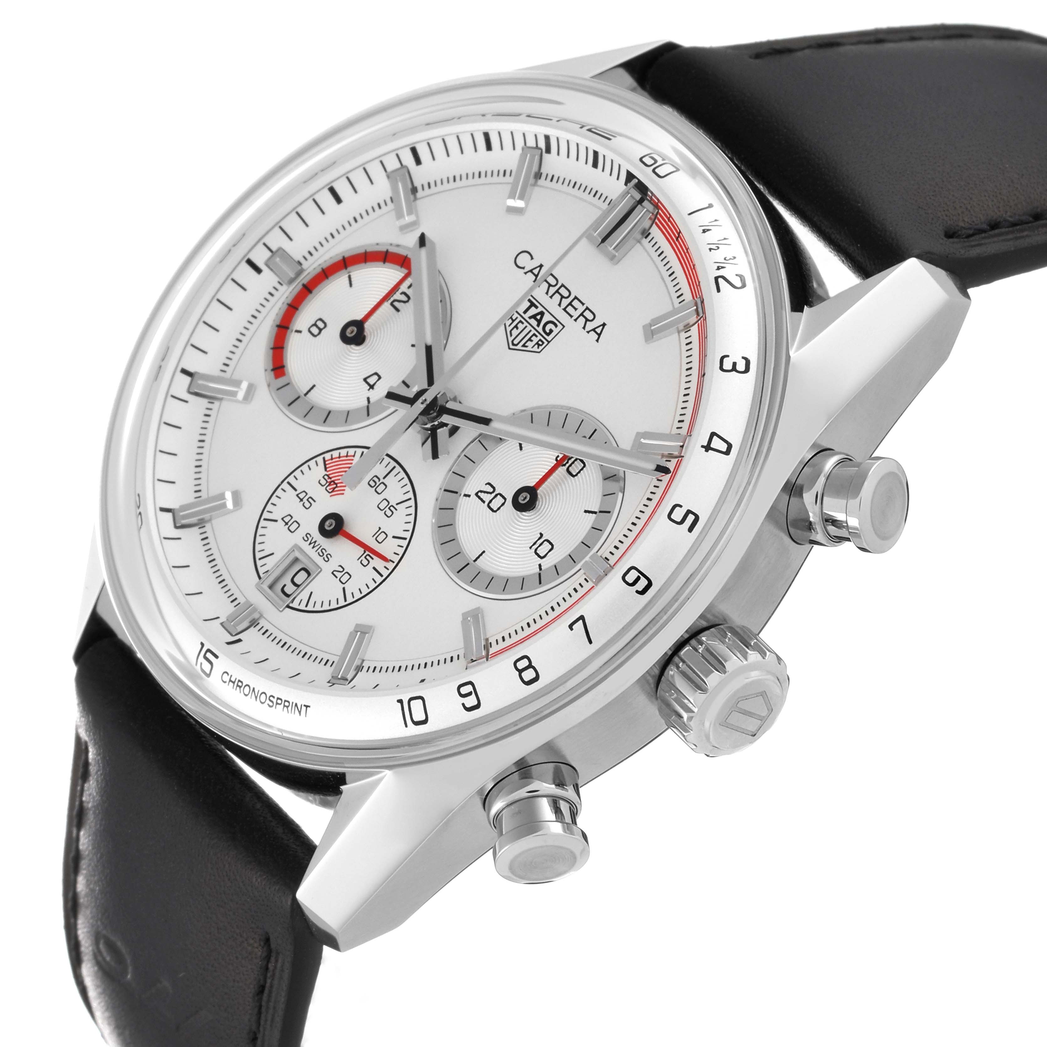 The image shows a Tag Heuer Carrera CBS2011.FC6529 Men's Stainless Steel Silver Dial CBS2011.FC6529 Men's Stainless Steel Silver Dial watch from a tilted angle, highlighting the dial, chronograph subdials, crown, and leather strap.