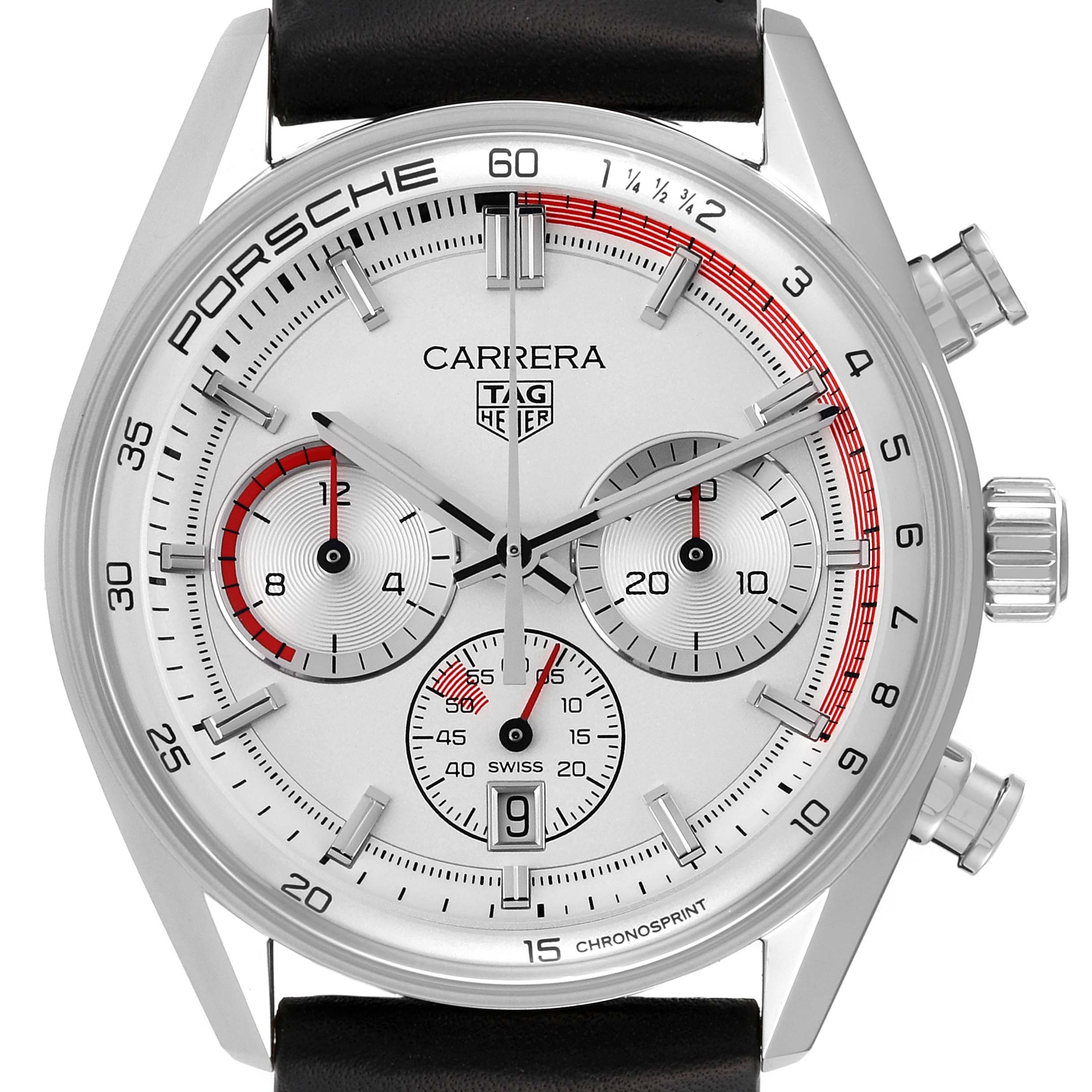 The image shows a front view of the Tag Heuer Carrera CBS2011.FC6529 Men's Stainless Steel Silver Dial CBS2011.FC6529 Men's Stainless Steel Silver Dial watch, highlighting its dial, subdials, crown, and pushers.