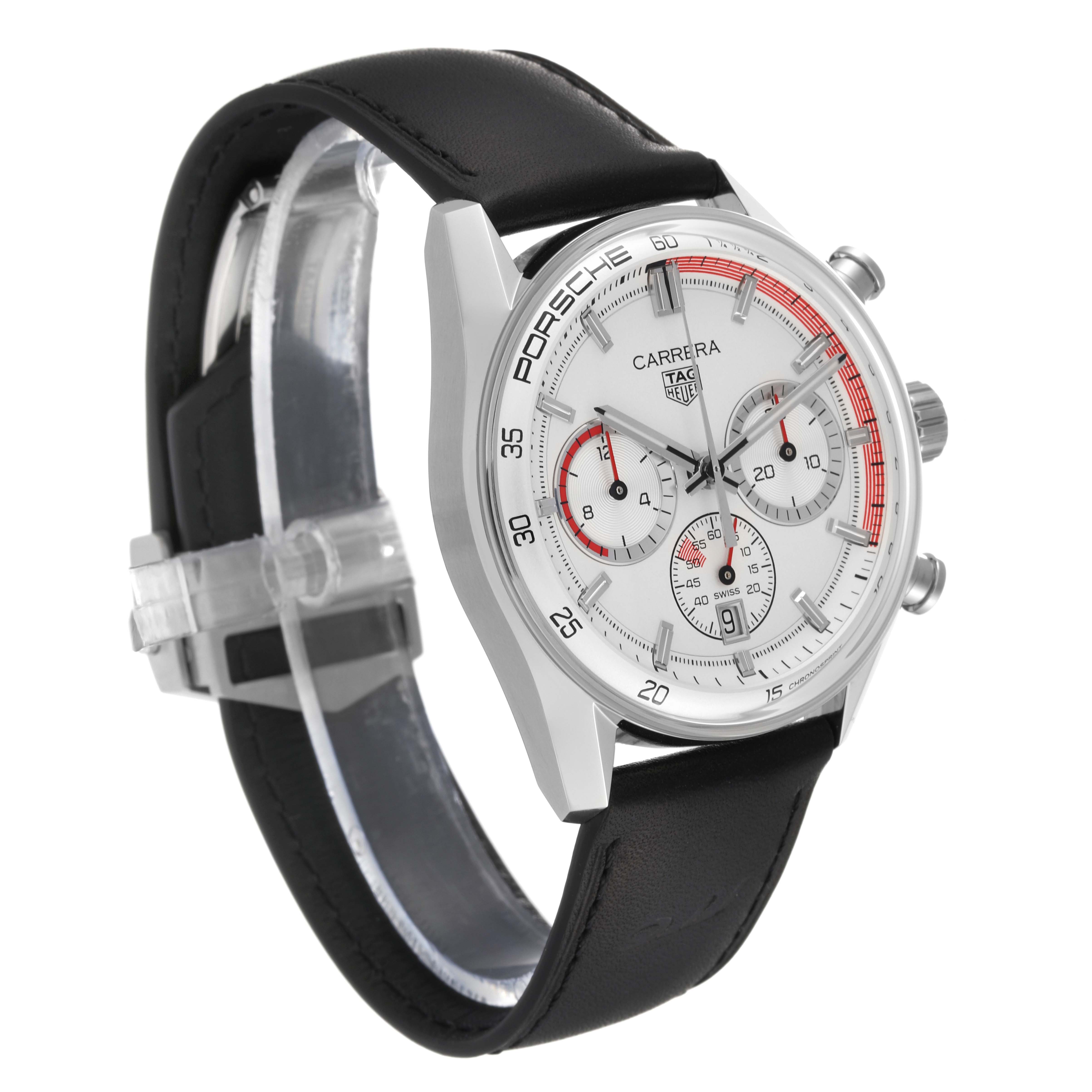 The image shows a side-angle view of a Tag Heuer Carrera CBS2011.FC6529 Men's Stainless Steel Silver Dial CBS2011.FC6529 Men's Stainless Steel Silver Dial watch, highlighting the face, bezel, and leather strap.