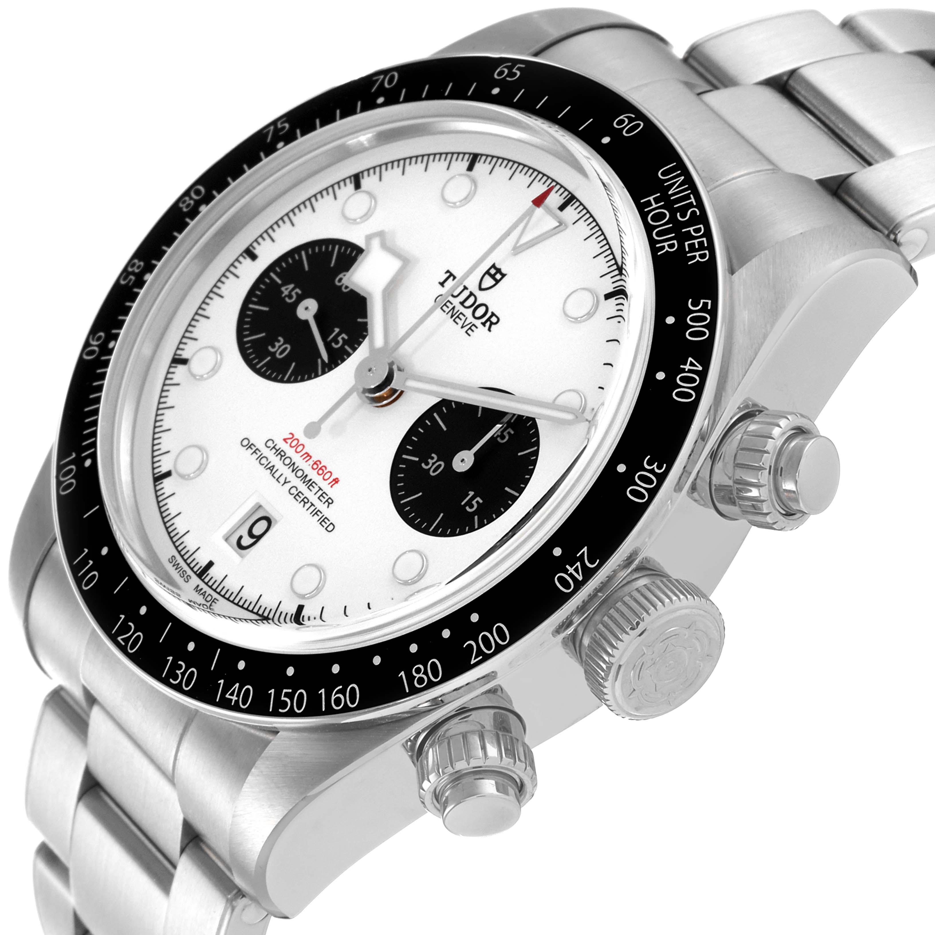 This image shows a Tudor Heritage Chrono M79360N-0002 Men's Stainless Steel Silver Dial M79360N-0002 Men's Stainless Steel Silver Dial watch at an oblique angle, highlighting its dial, bezel, and crown.