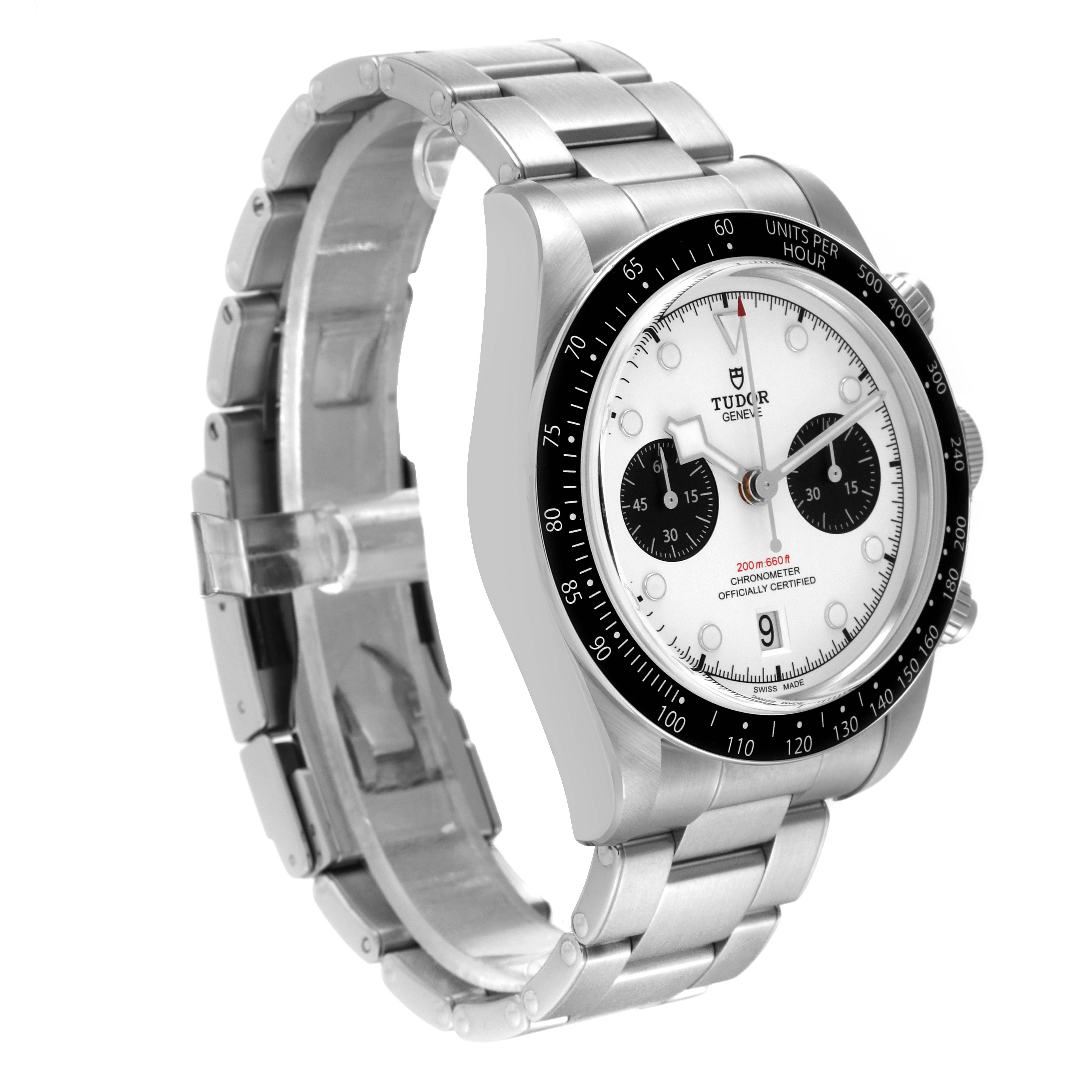 The image shows a side and angled view of a Tudor Heritage Chrono M79360N-0002 Men's Stainless Steel Silver Dial M79360N-0002 Men's Stainless Steel Silver Dial watch, highlighting the dial, bezel, case, and bracelet.