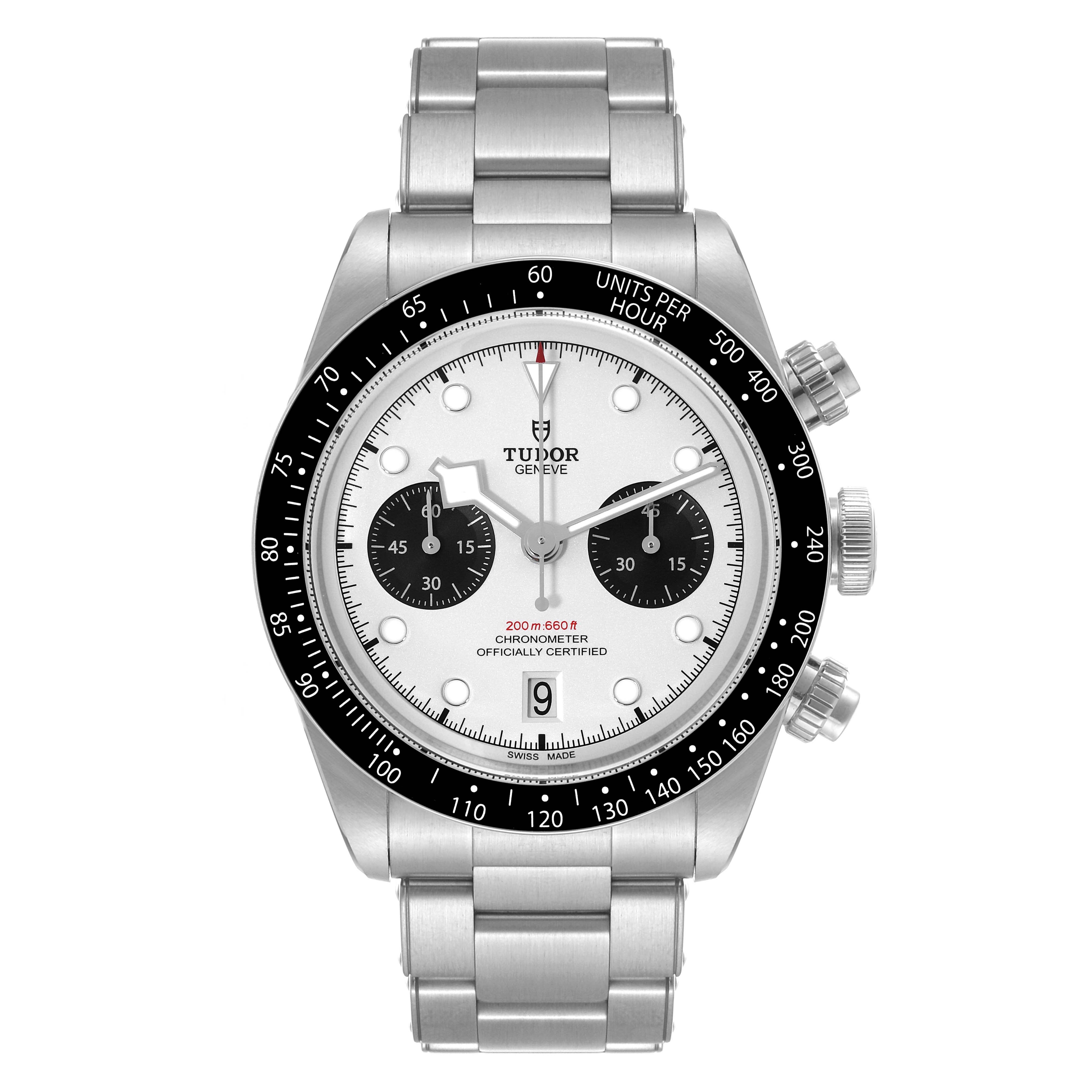 The image shows a front view of the Tudor Heritage Chrono M79360N-0002 Men's Stainless Steel Silver Dial M79360N-0002 Men's Stainless Steel Silver Dial watch, highlighting its dial, bezel, and bracelet.