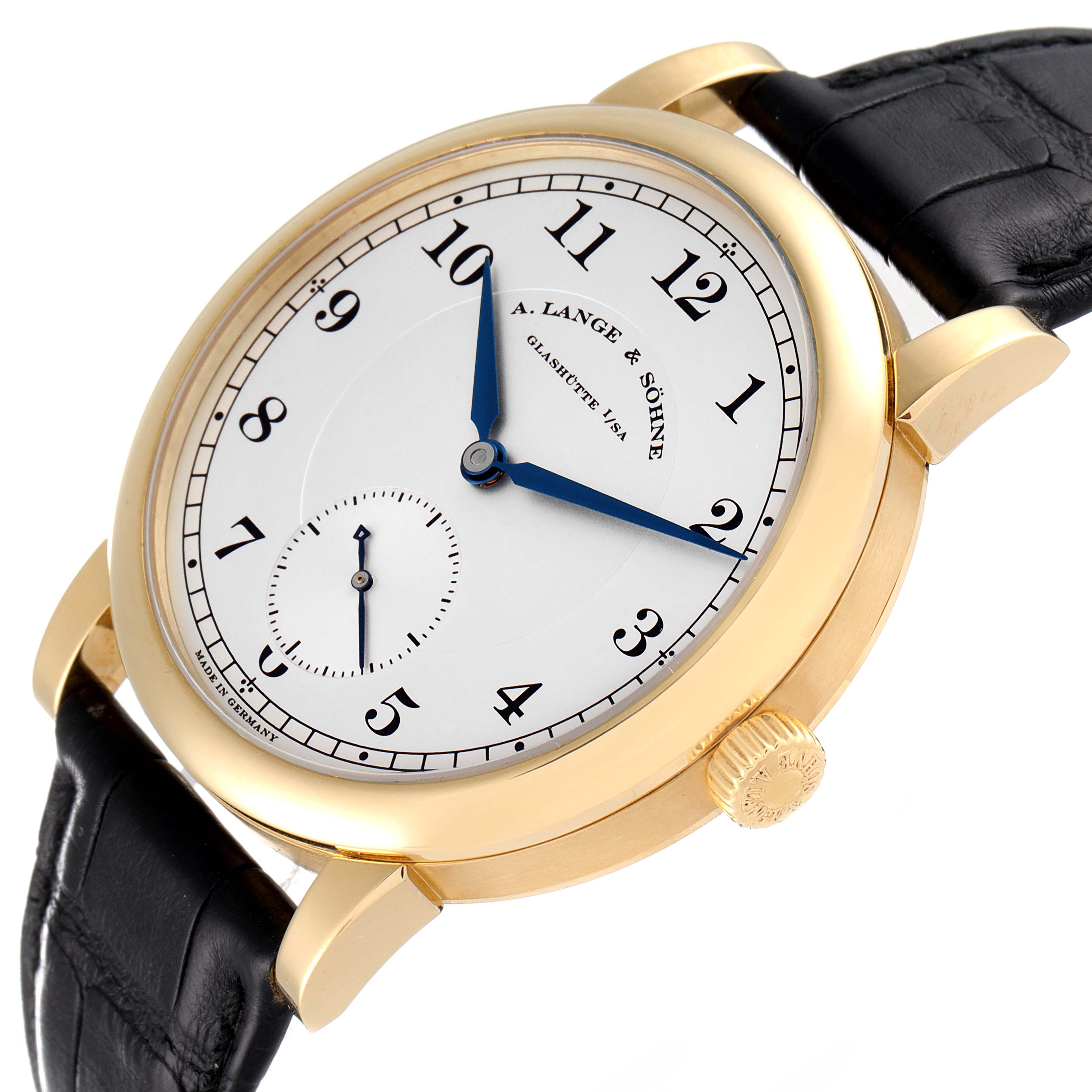 The image shows a close-up angle of the A. Lange & Sohne 1815 233.021 Men's Yellow Gold Silver Dial model watch, focusing on its dial, case, crown, and leather strap.