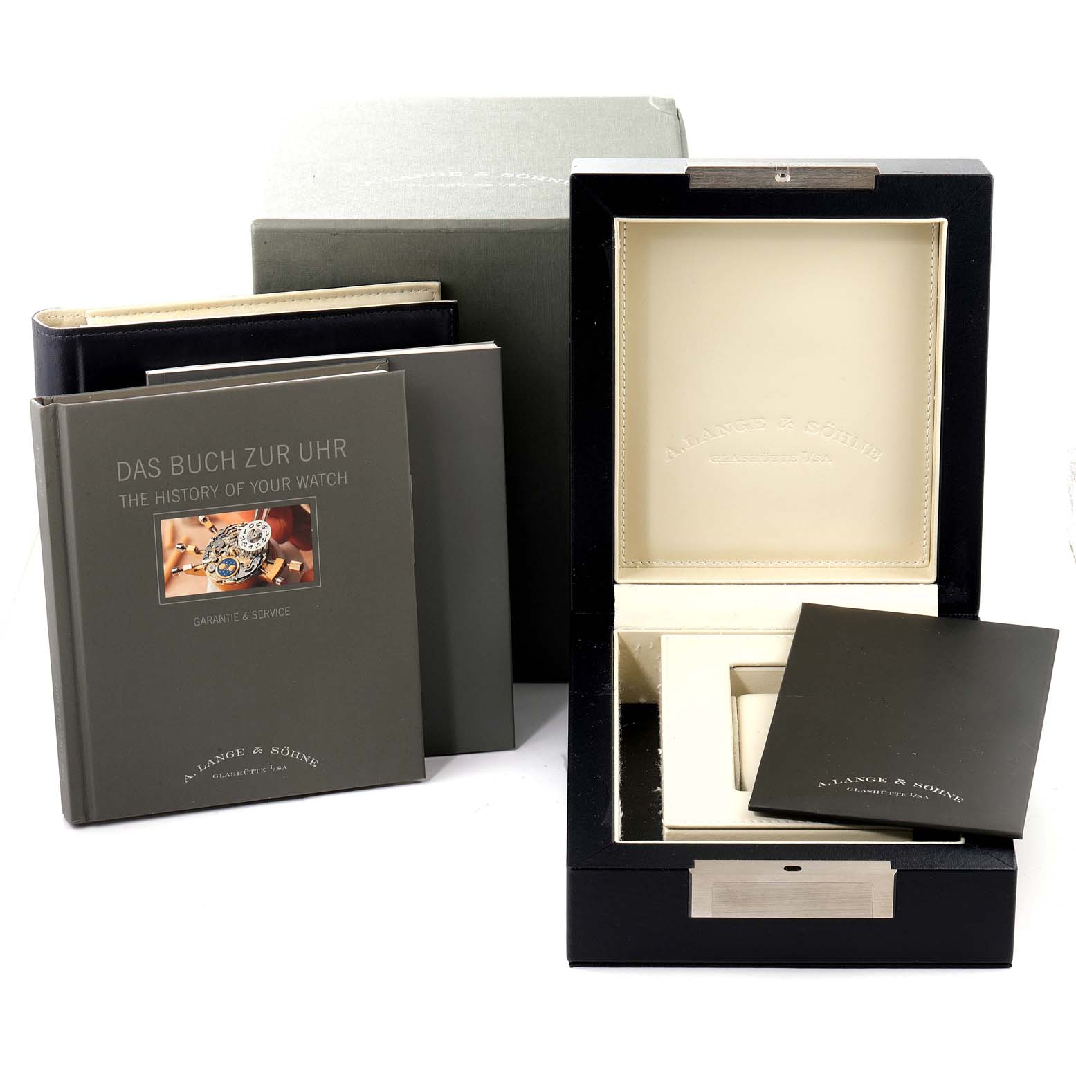 The image shows the packaging, case, and booklets for the 1815 model by A. Lange & Söhne.