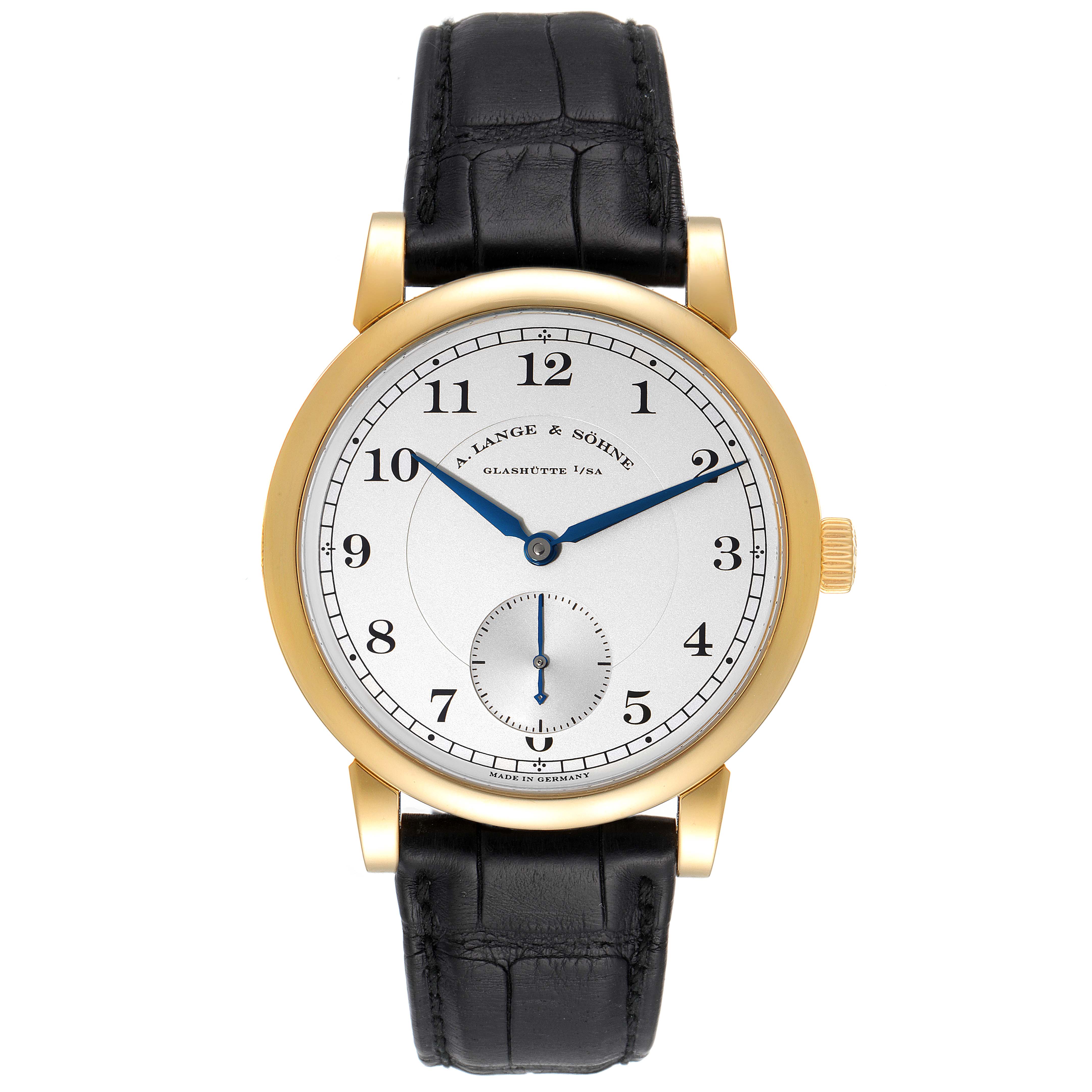 The A. Lange & Sohne 1815 233.021 Men's Yellow Gold Silver Dial model watch is shown from a front angle, displaying its face, leather strap, and gold case.