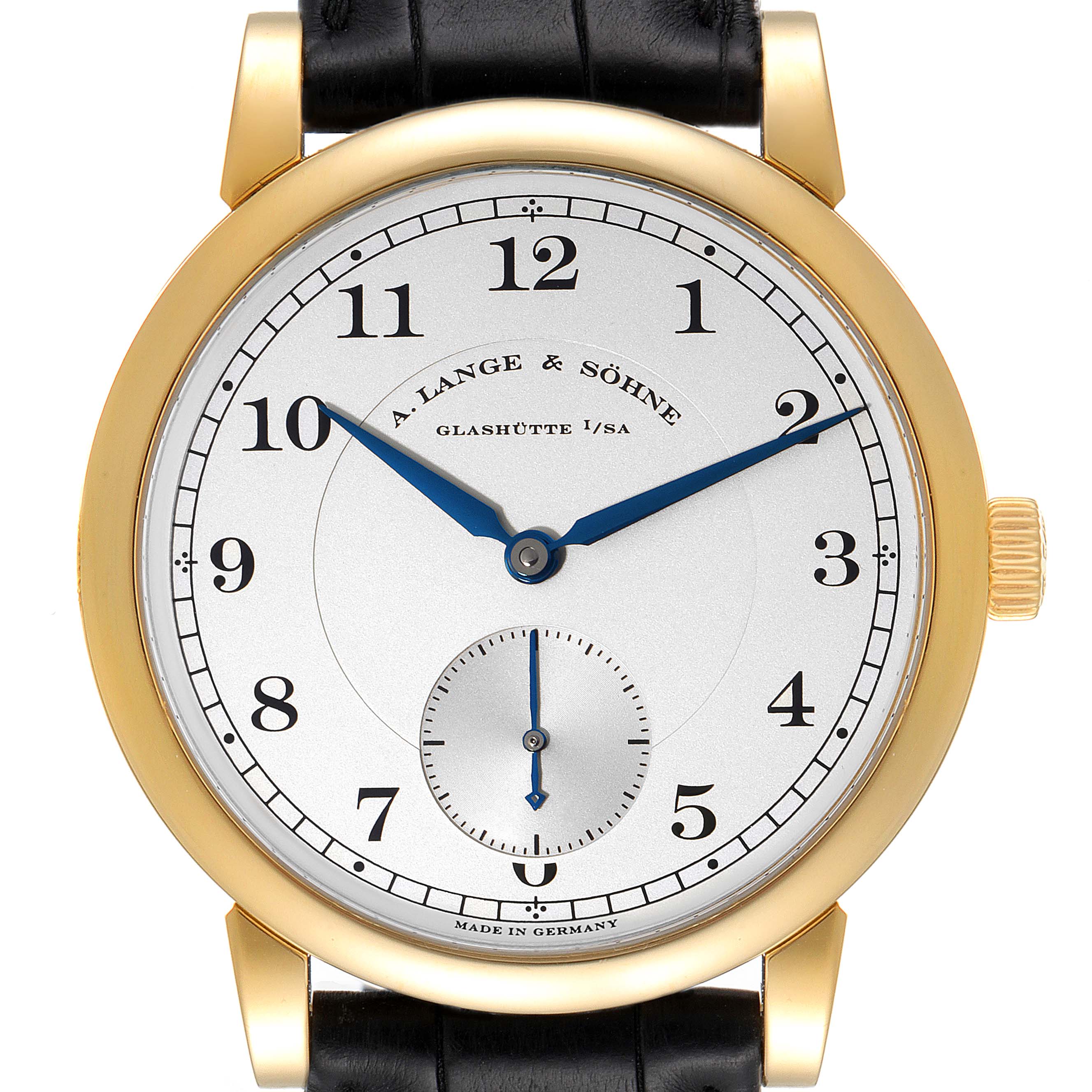 The image shows a front view of the A. Lange & Sohne 1815 233.021 Men's Yellow Gold Silver Dial model watch with a gold case, black leather strap, and blue hands.