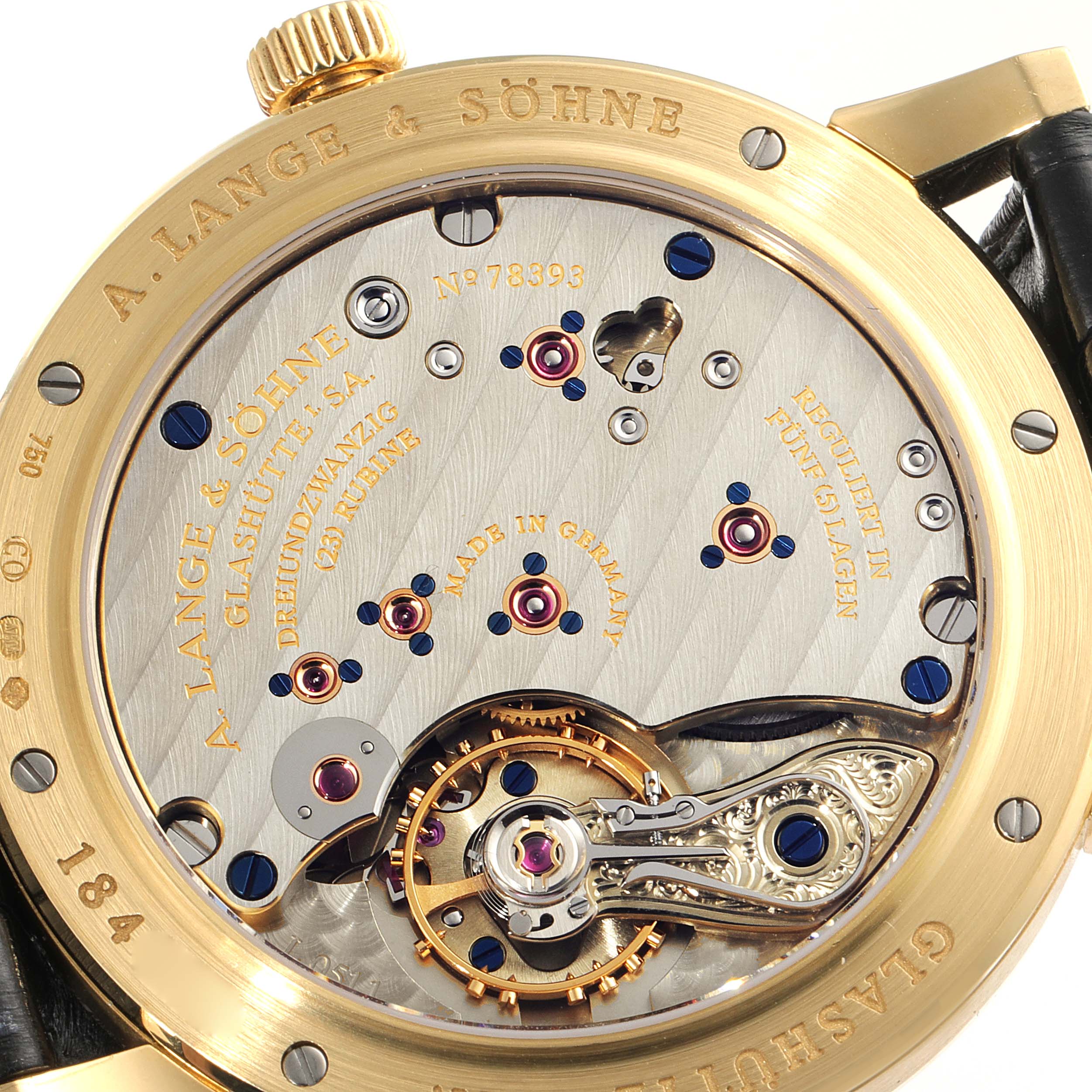 This image shows the back of the A. Lange & Sohne 1815 model, highlighting the intricate mechanical movement.