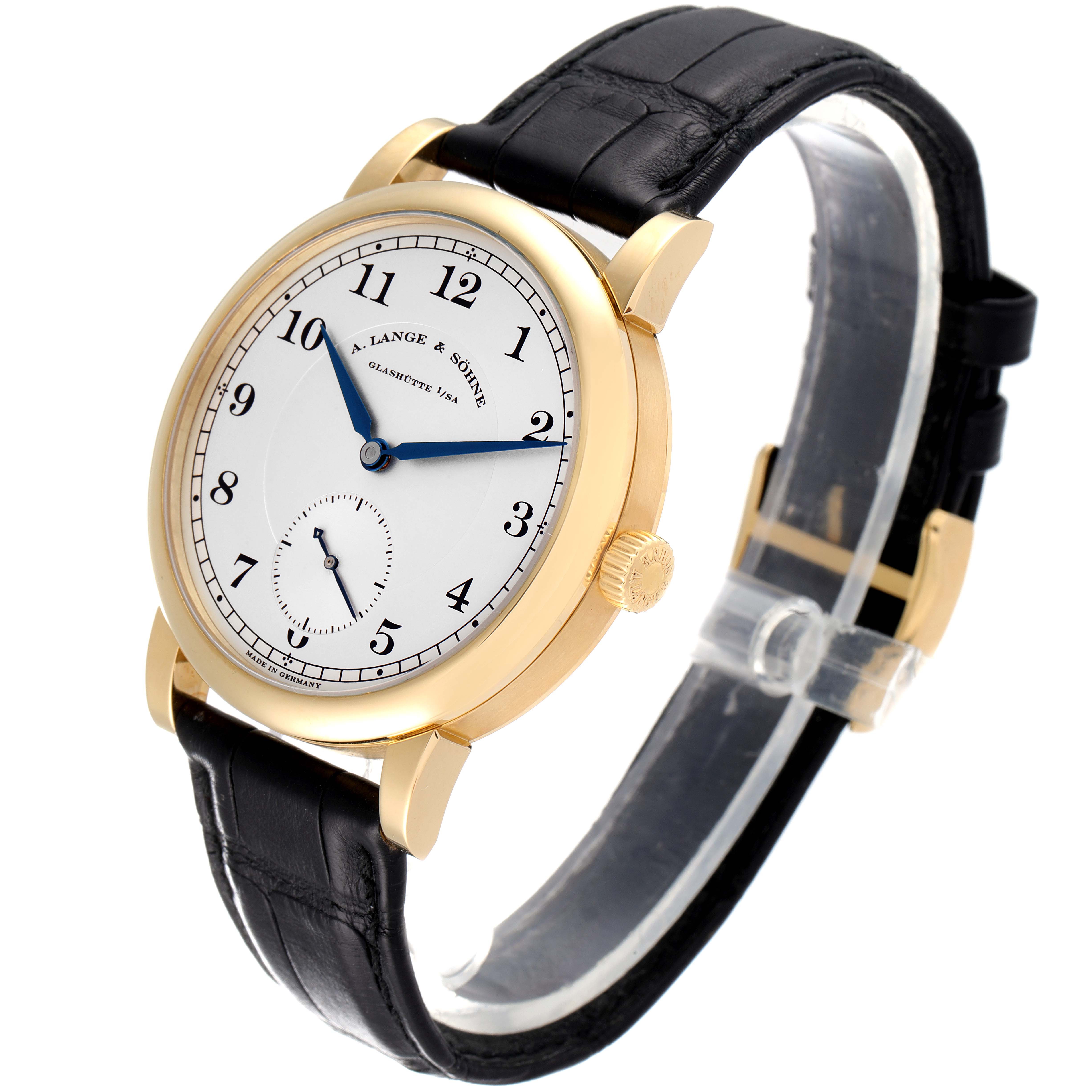 The image shows a frontal angle of the 1815 model watch by A. Lange & Söhne, highlighting the watch face, crown, and leather strap.