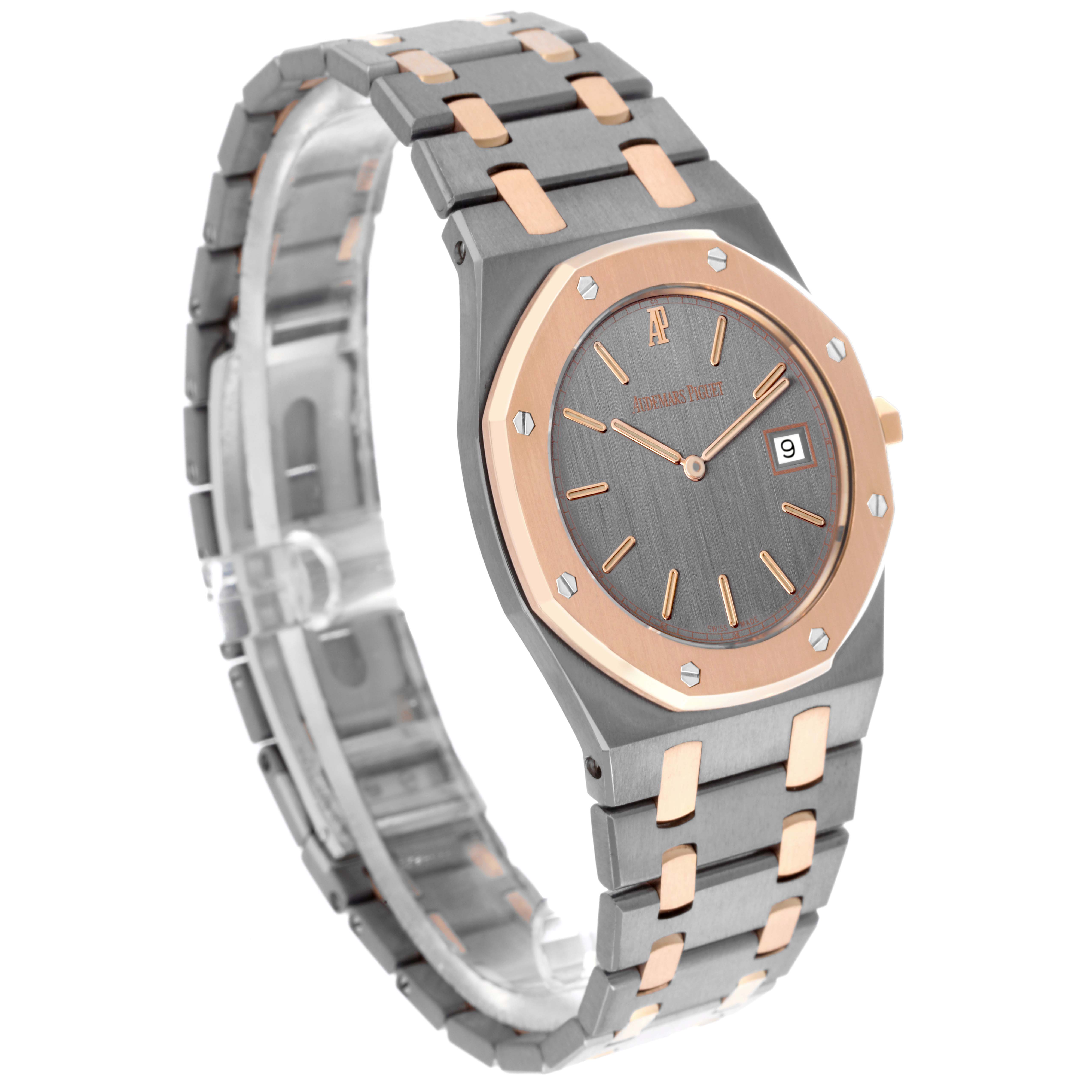 The Audemars Piguet Royal Oak 56175TR-OO-0789TR-01 Men's Rose Gold Grey Dial 56175TR-OO-0789TR-01 Men's Rose Gold Grey Dial watch is shown at a three-quarter angle, highlighting the dial, bezel, and metal bracelet.