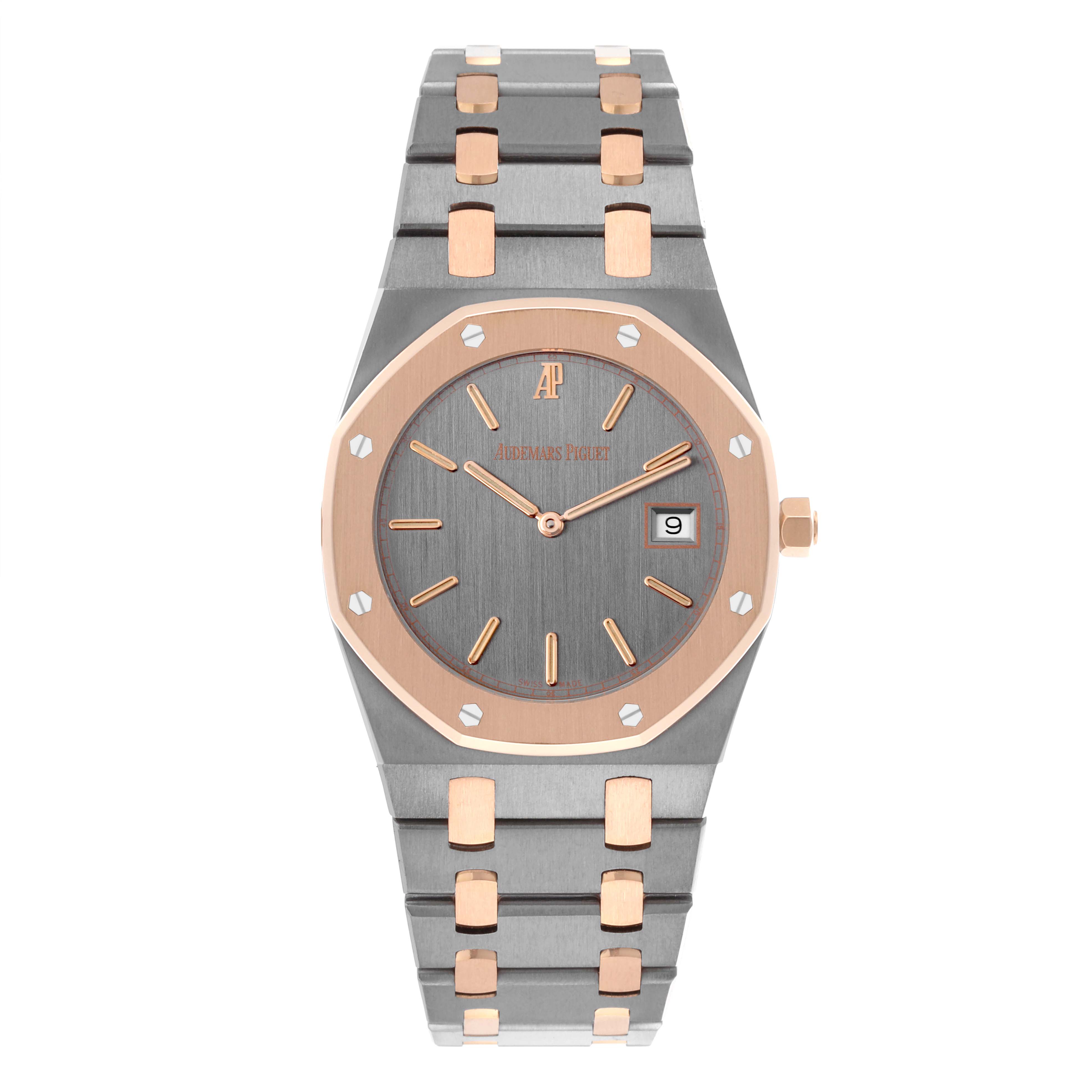 The front view of the Audemars Piguet Royal Oak 56175TR-OO-0789TR-01 Men's Rose Gold Grey Dial 56175TR-OO-0789TR-01 Men's Rose Gold Grey Dial shows the face, bezel, bracelet, and clasp detailing.