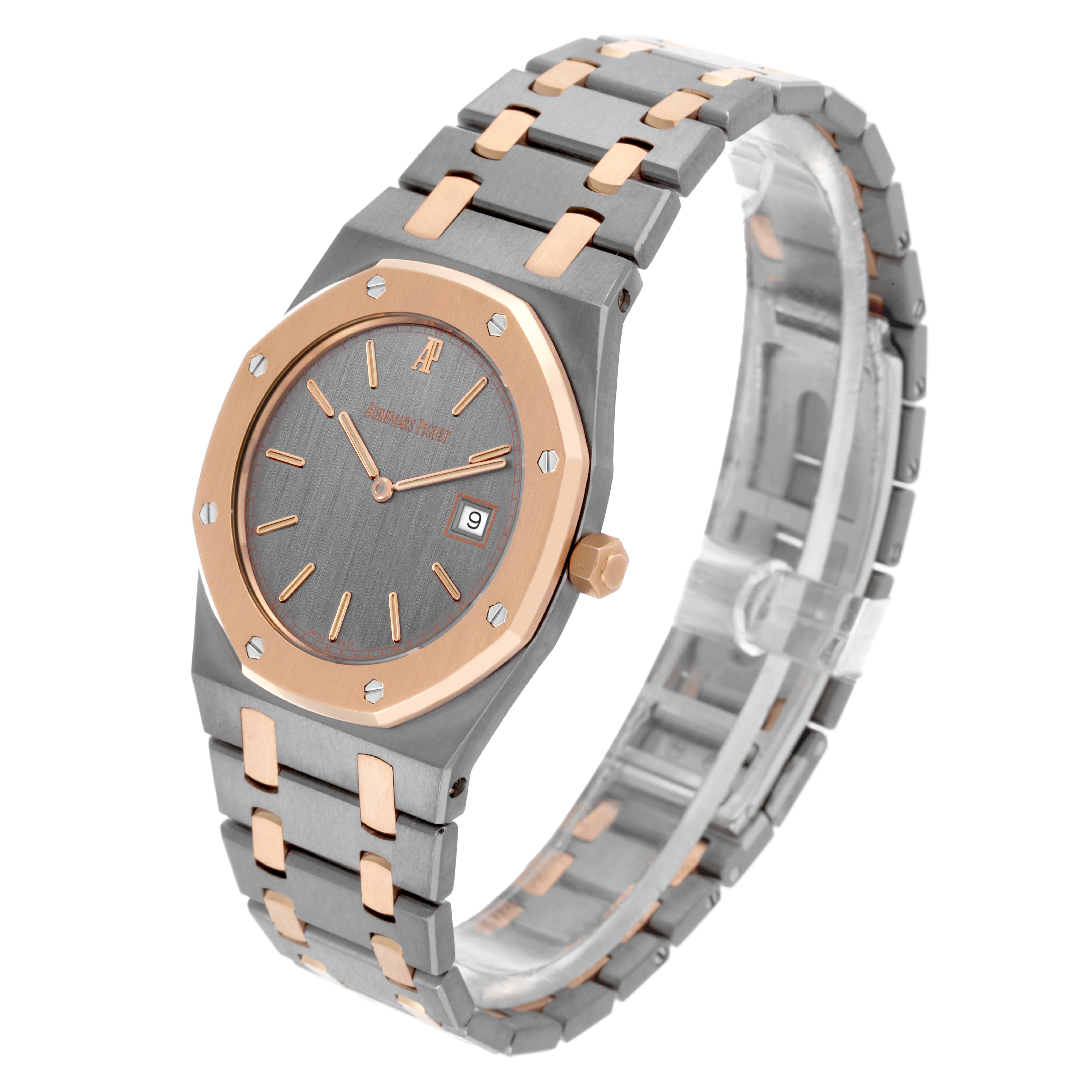 The Audemars Piguet Royal Oak 56175TR-OO-0789TR-01 Men's Rose Gold Grey Dial 56175TR-OO-0789TR-01 Men's Rose Gold Grey Dial watch is shown at a slight angle, highlighting the bezel, dial, and bracelet links.