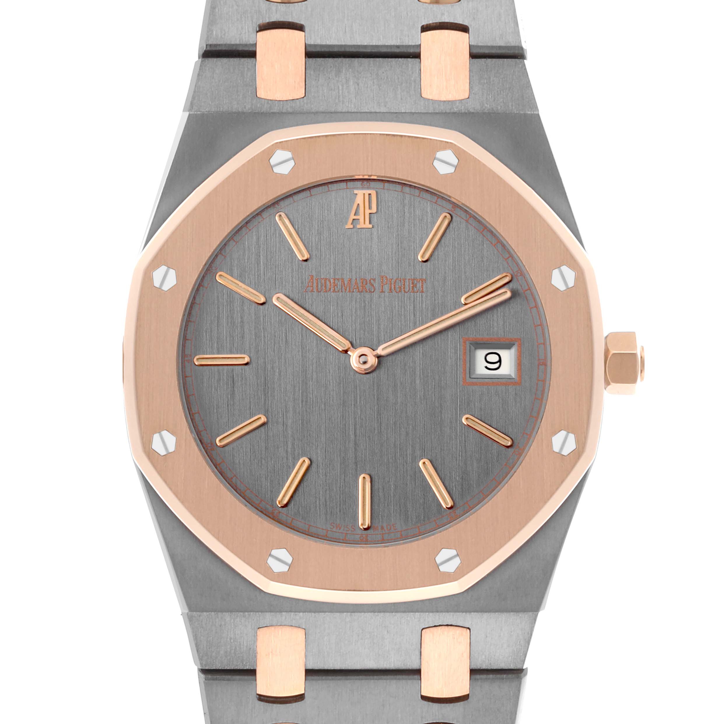 The Audemars Piguet Royal Oak 56175TR-OO-0789TR-01 Men's Rose Gold Grey Dial 56175TR-OO-0789TR-01 Men's Rose Gold Grey Dial watch is shown from the front, highlighting the face, bezel, and part of the bracelet.