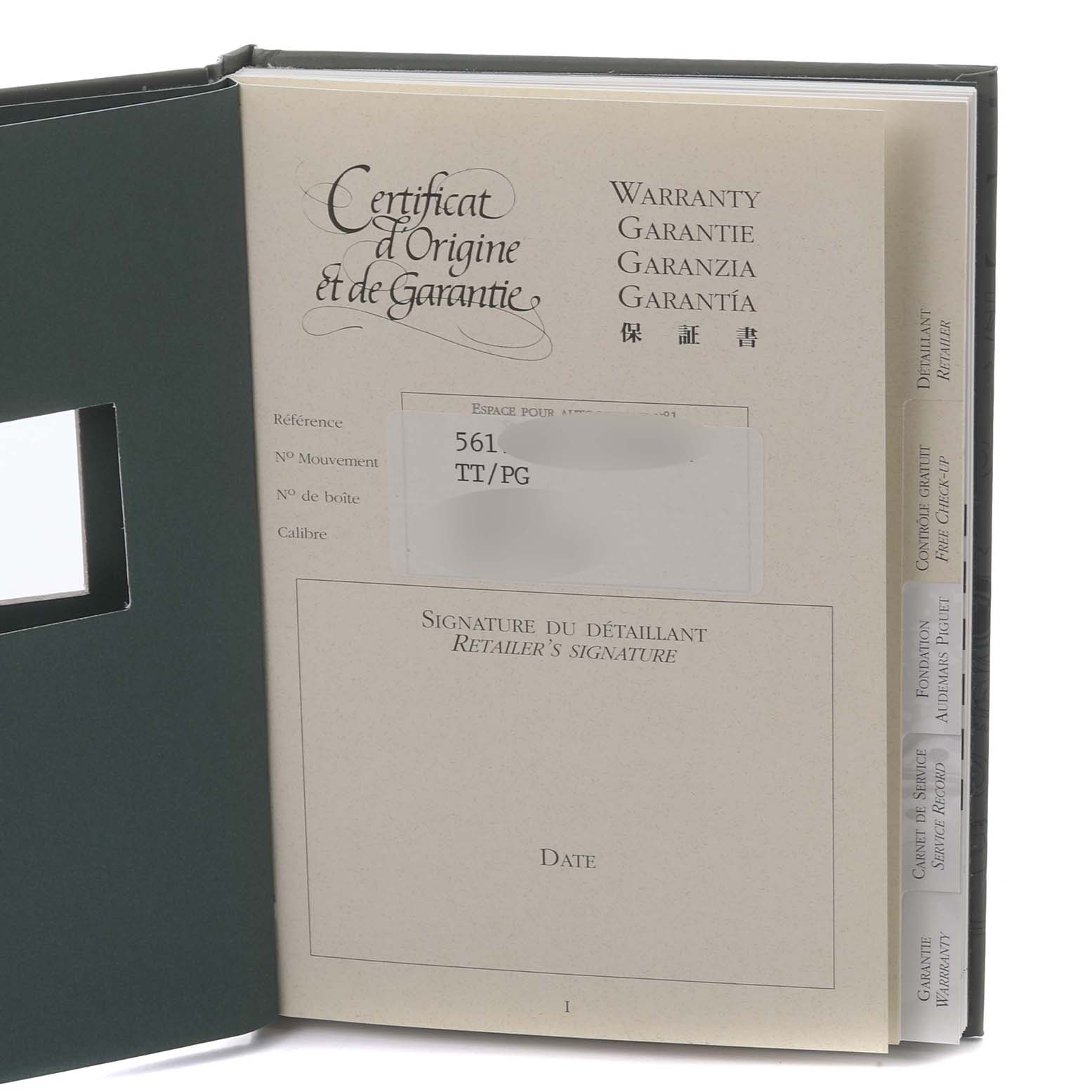 The image shows the warranty booklet for the Audemars Piguet Royal Oak 56175TR-OO-0789TR-01 Men's Rose Gold Grey Dial 56175TR-OO-0789TR-01 Men's Rose Gold Grey Dial model, detailing the certificate of origin.