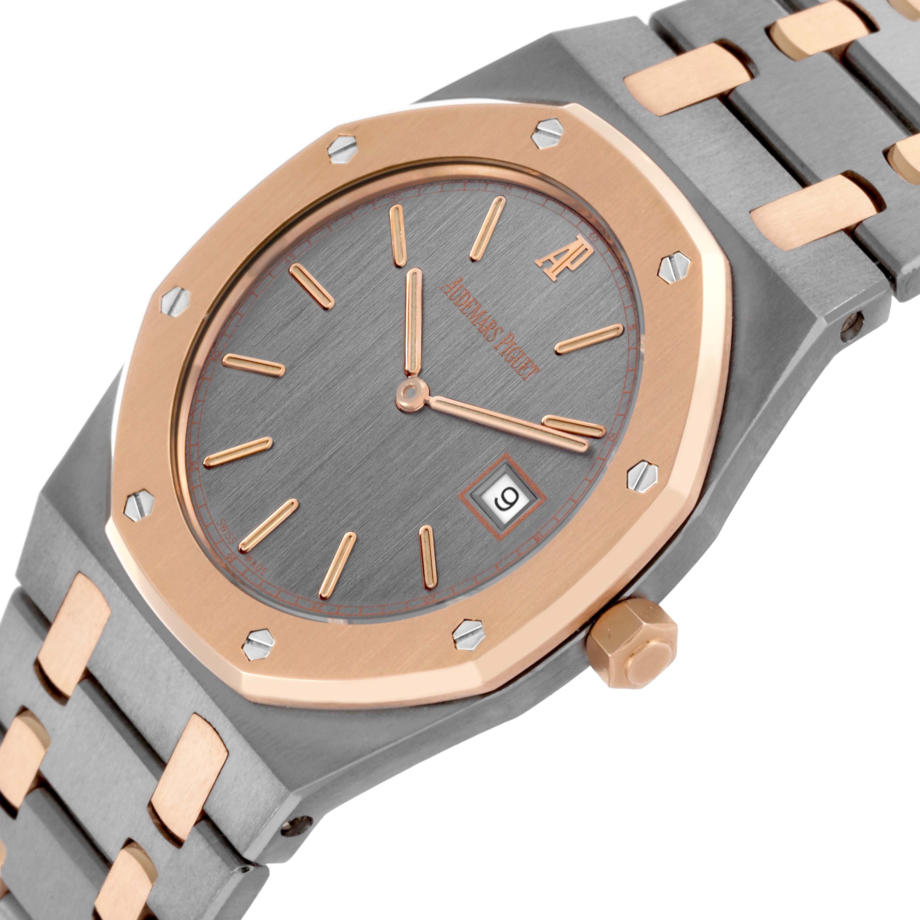 The Audemars Piguet Royal Oak 56175TR-OO-0789TR-01 Men's Rose Gold Grey Dial 56175TR-OO-0789TR-01 Men's Rose Gold Grey Dial is shown at an angle highlighting the bezel, dial, and part of the bracelet.