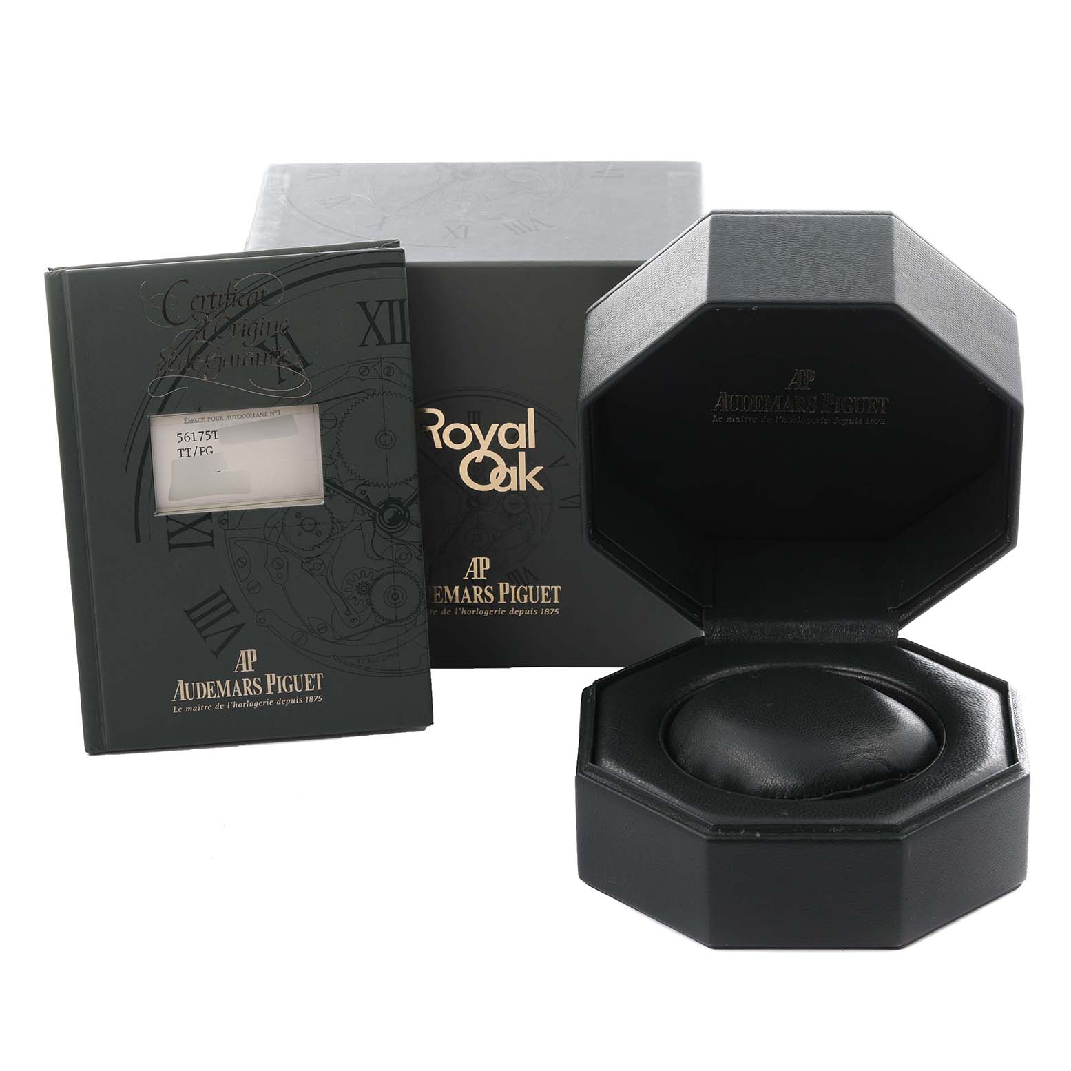 The image shows the Audemars Piguet Royal Oak 56175TR-OO-0789TR-01 Men's Rose Gold Grey Dial 56175TR-OO-0789TR-01 Men's Rose Gold Grey Dial packaging, including a certificate booklet and an open display case.