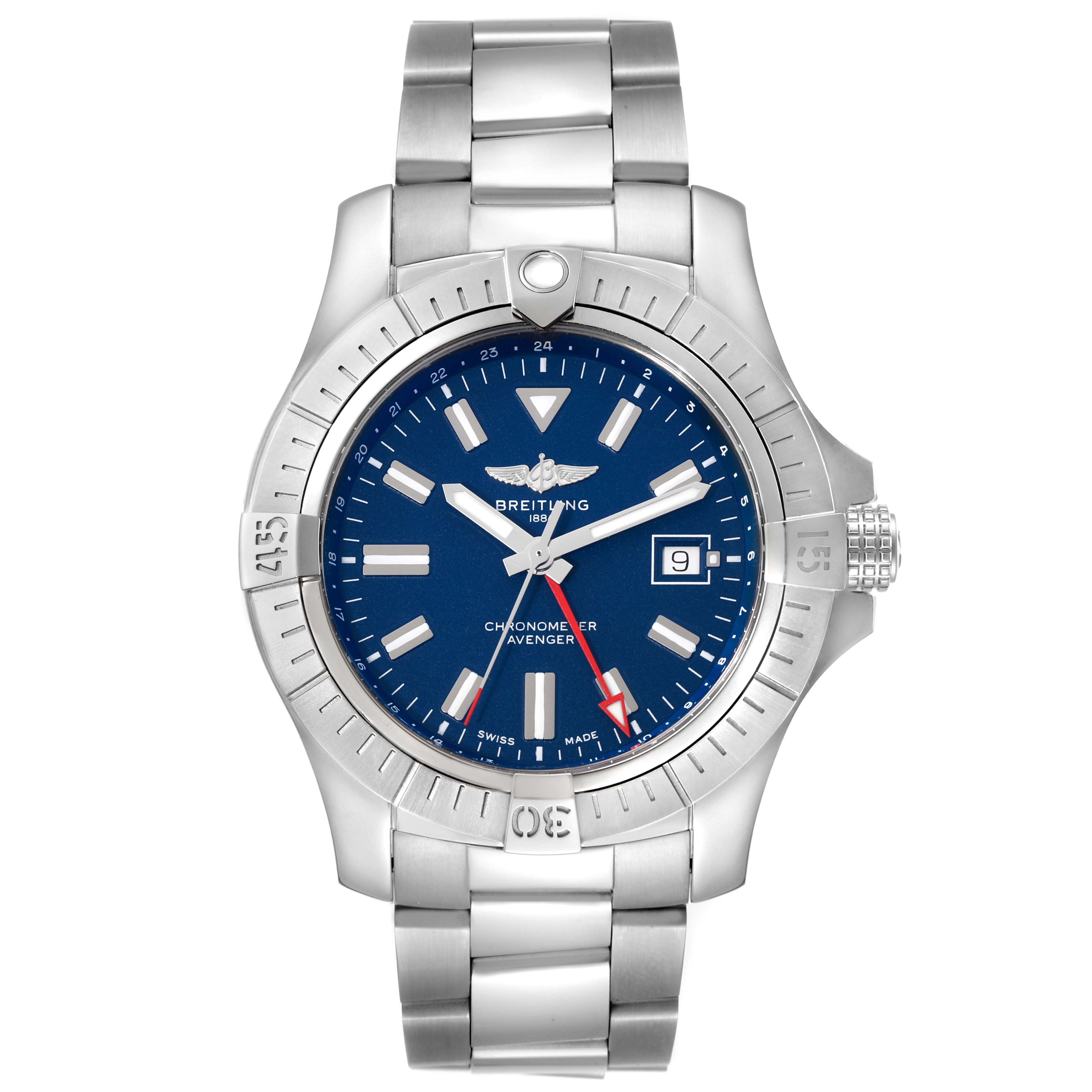 The image shows a top-down view of a Breitling Avenger A32395 Men's Stainless Steel Blue Dial A32395 Men's Stainless Steel Blue Dial watch, highlighting the dial, bezel, crown, and bracelet.