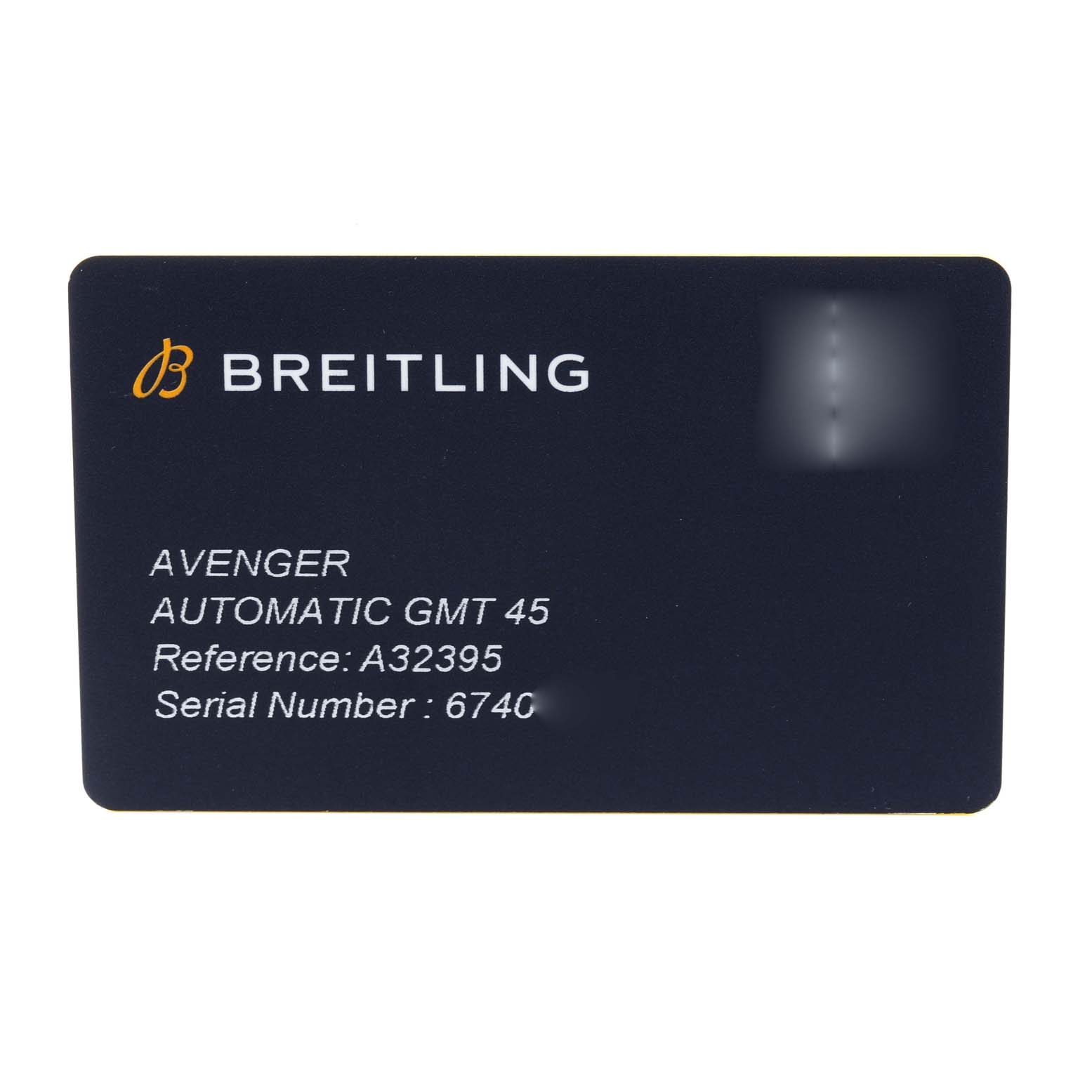 The image shows a warranty card for a Breitling Avenger A32395 Men's Stainless Steel Blue Dial A32395 Men's Stainless Steel Blue Dial Automatic GMT 45 watch, listing the model, reference, and serial numbers.