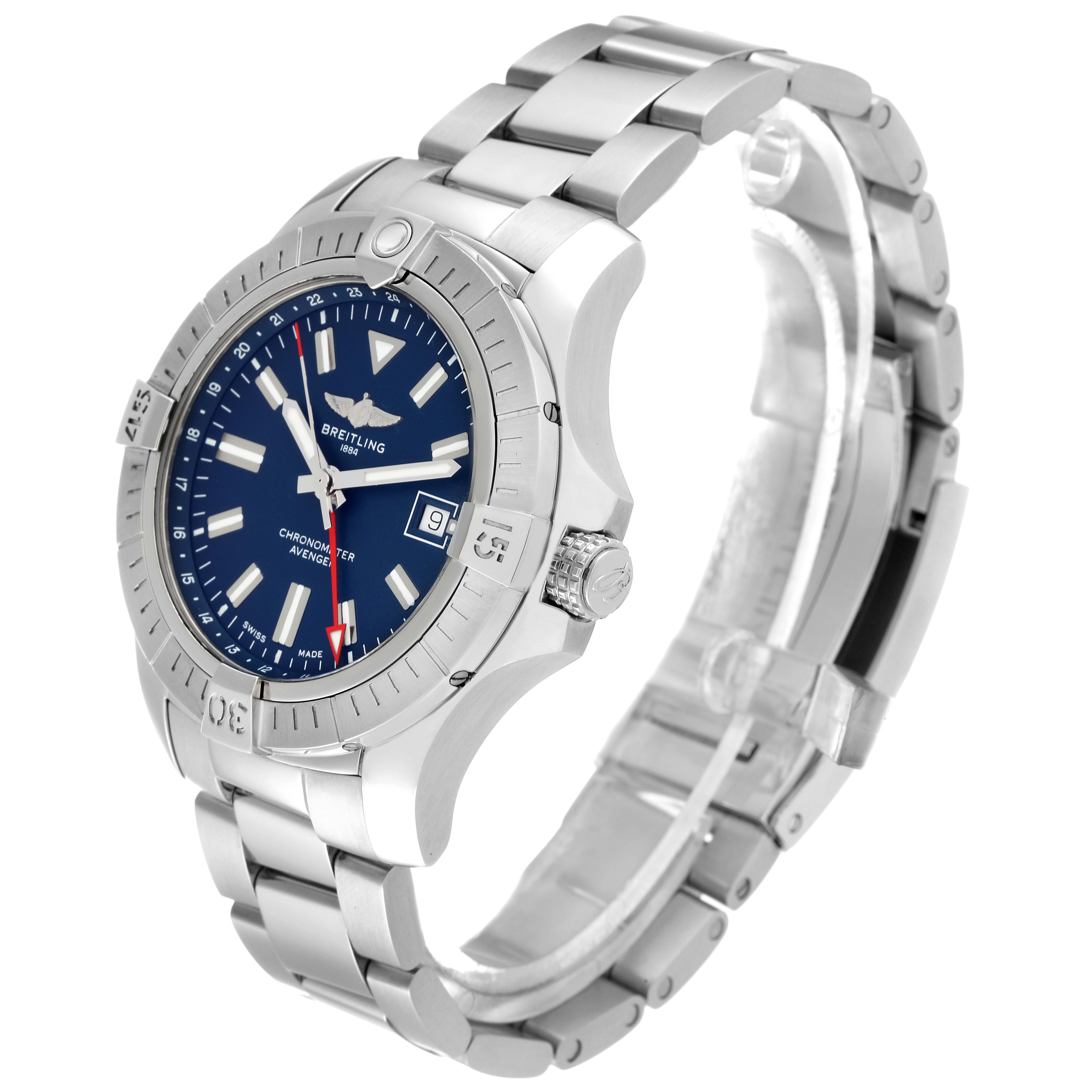 The image shows a three-quarter view of the Breitling Avenger A32395 Men's Stainless Steel Blue Dial A32395 Men's Stainless Steel Blue Dial watch, highlighting the dial, bezel, crown, and bracelet.
