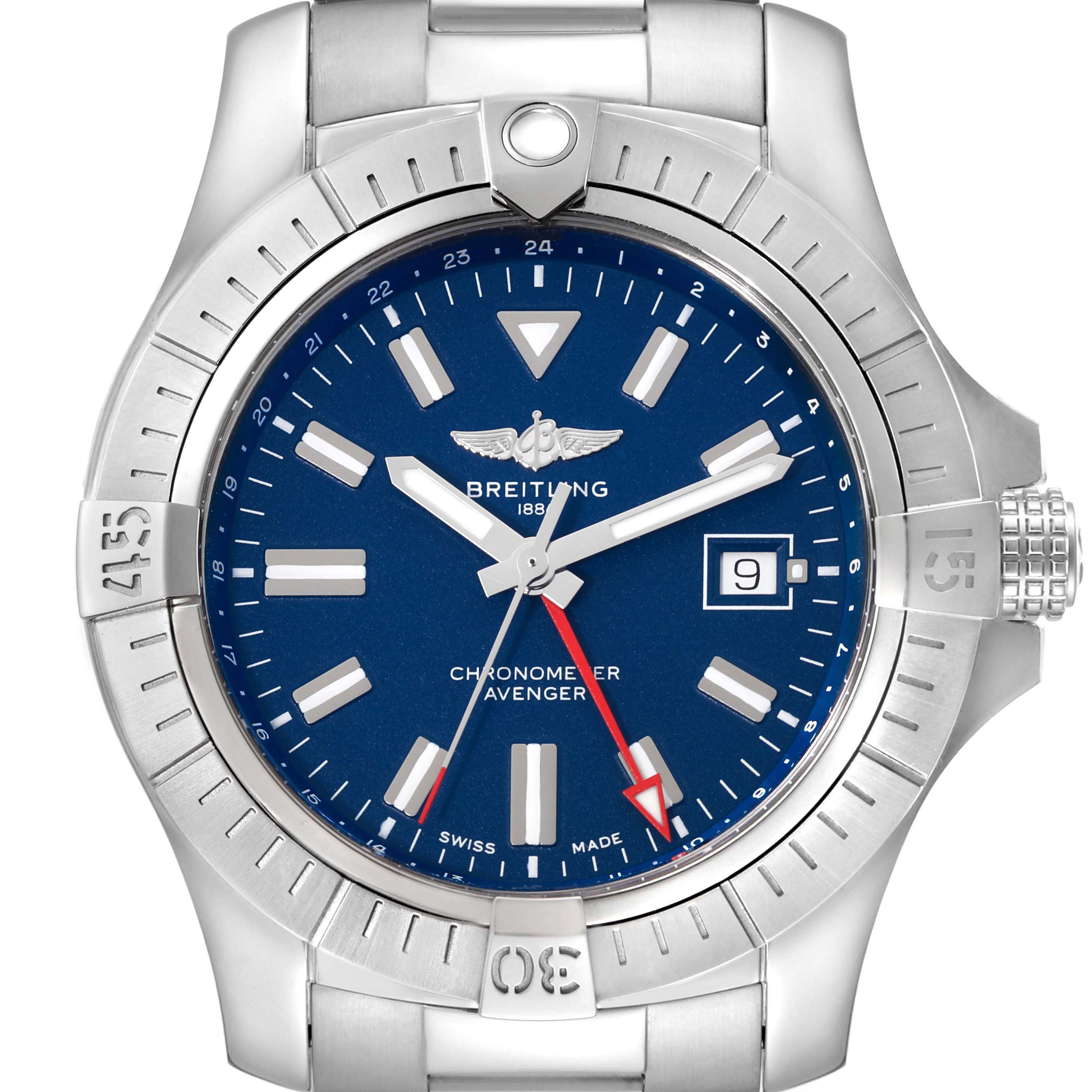 This is a close-up front view of the Breitling Avenger A32395 Men's Stainless Steel Blue Dial A32395 Men's Stainless Steel Blue Dial watch, showcasing its blue dial, stainless steel case, and bracelet.