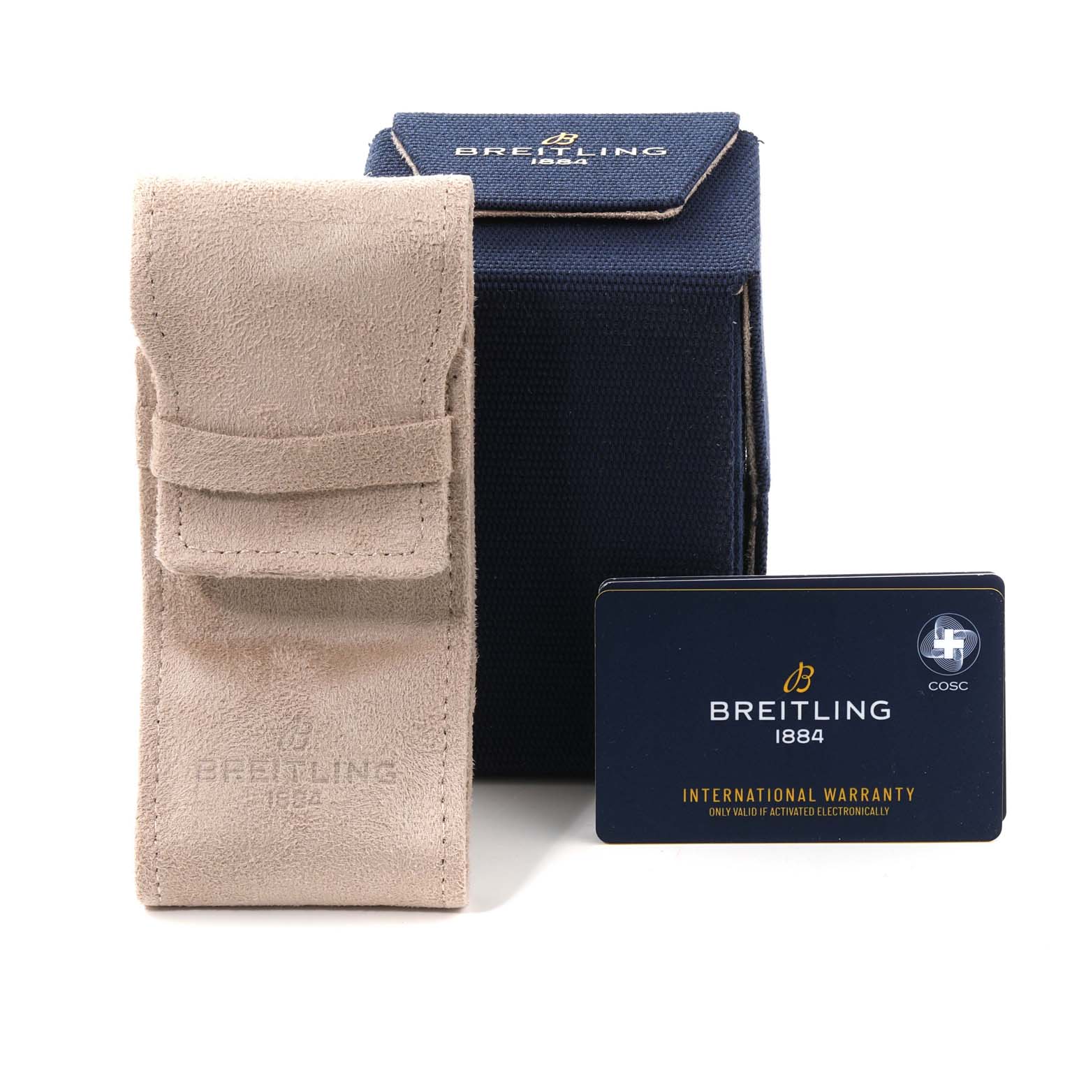 The image shows the accessories for the Breitling Avenger A32395 Men's Stainless Steel Blue Dial A32395 Men's Stainless Steel Blue Dial watch including a suede pouch, a box, and an international warranty card.