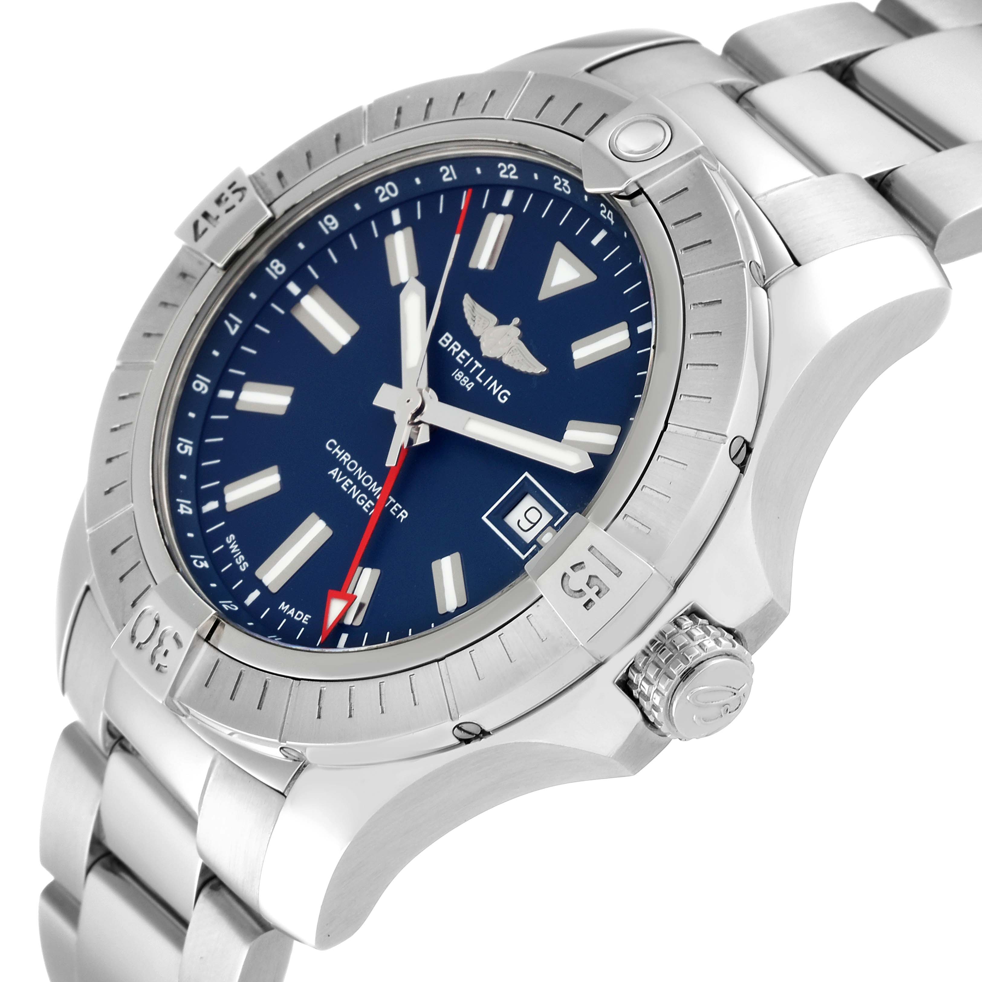 The image shows a Breitling Avenger A32395 Men's Stainless Steel Blue Dial A32395 Men's Stainless Steel Blue Dial watch from an angled side perspective, displaying the face, bracelet, crown, and bezel.