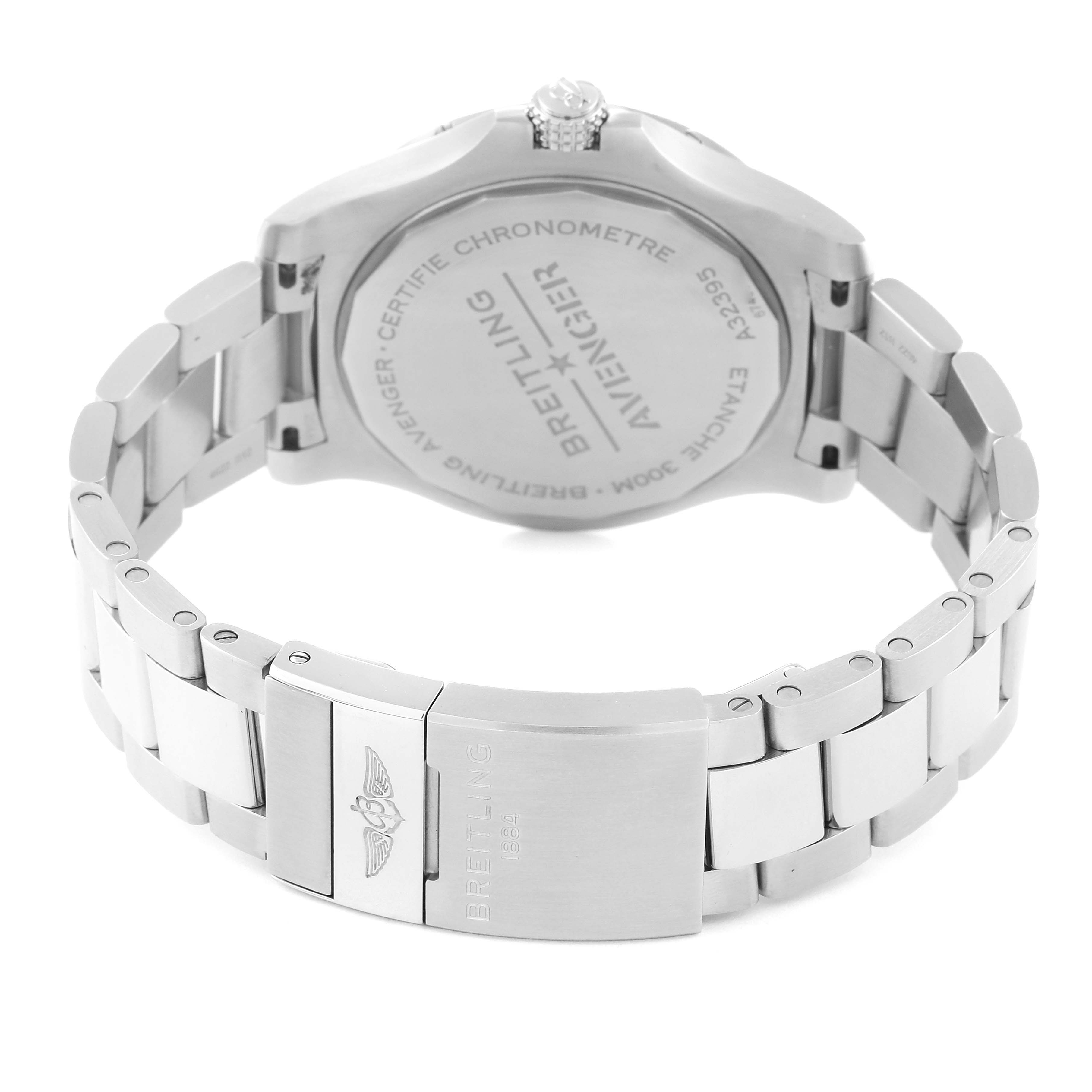 The image shows the back case and bracelet clasp of a Breitling Avenger A32395 Men's Stainless Steel Blue Dial A32395 Men's Stainless Steel Blue Dial watch.