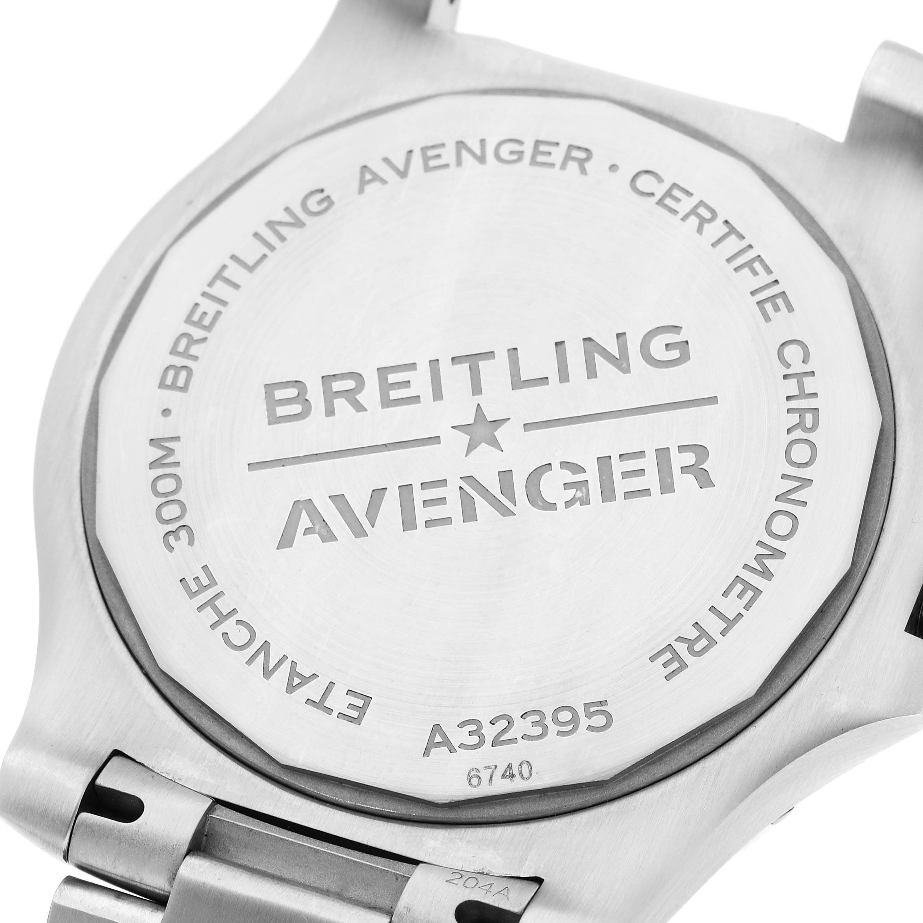 The image shows the back case of a Breitling Avenger A32395 Men's Stainless Steel Blue Dial A32395 Men's Stainless Steel Blue Dial watch, revealing model number A32395 and water resistance details.