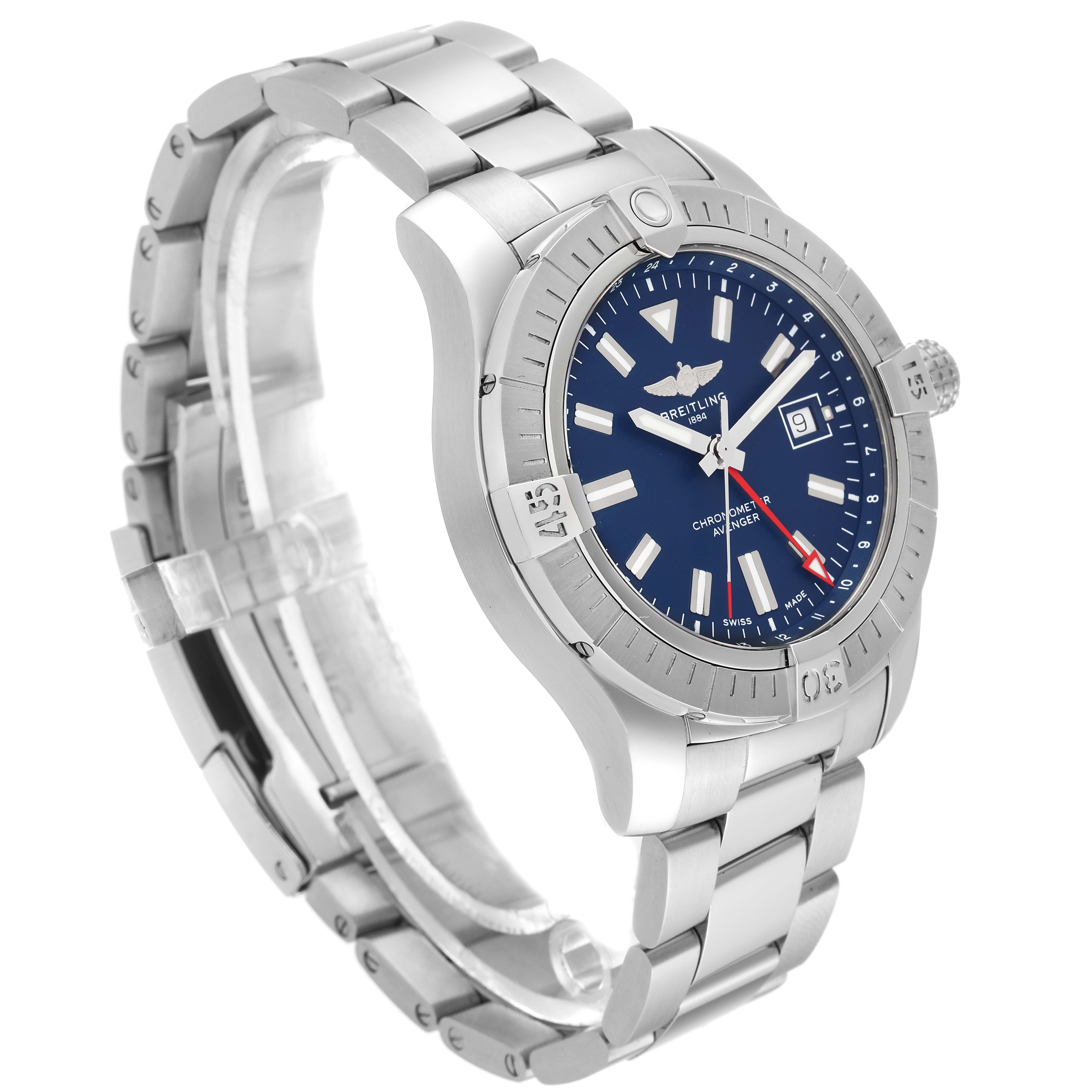 The image shows a Breitling Avenger A32395 Men's Stainless Steel Blue Dial A32395 Men's Stainless Steel Blue Dial watch at a three-quarter angle displaying its silver bracelet, blue face, and bezel.