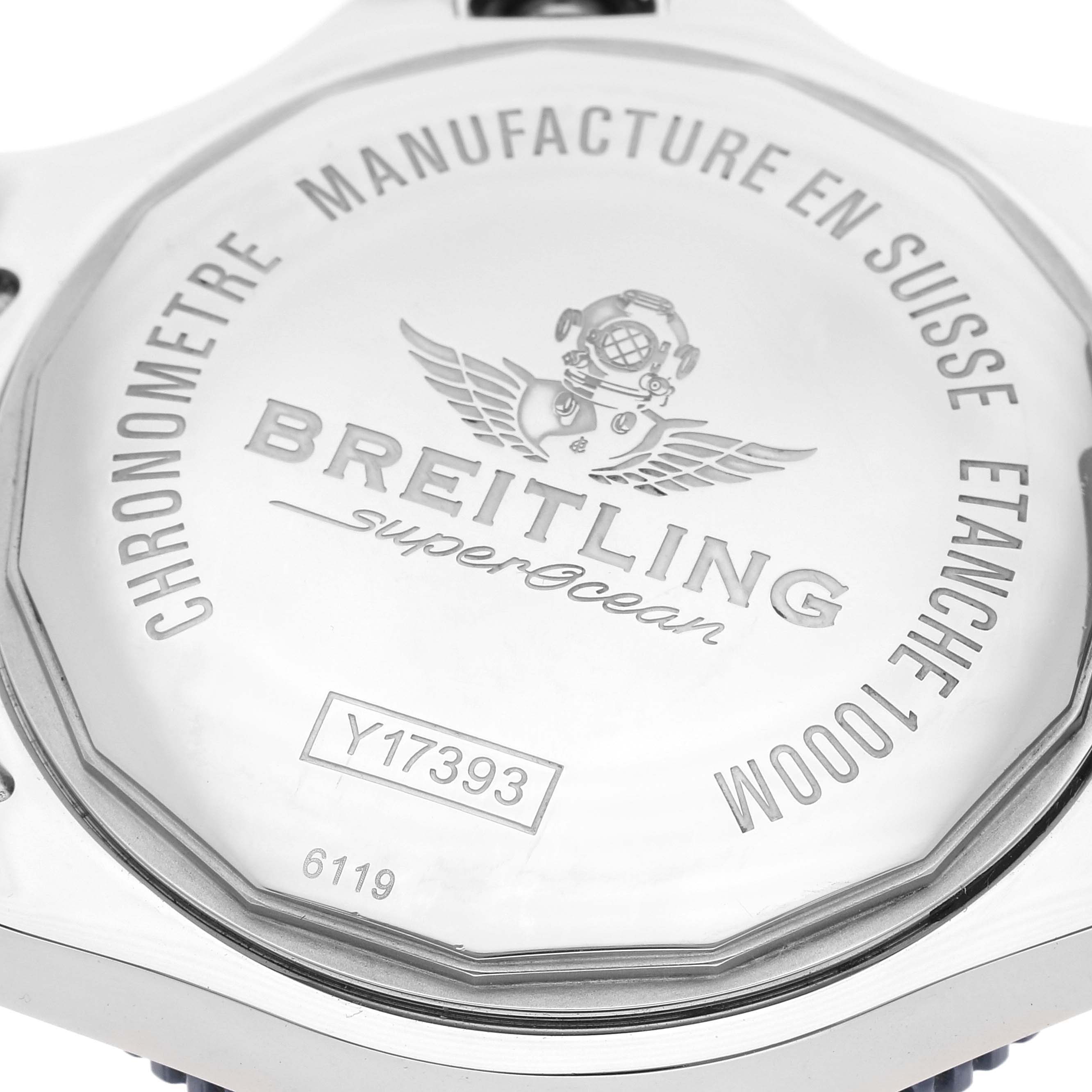 This image shows the back casing of a Breitling Superocean Y17393 Men's Stainless Steel Blue Dial Y17393 Men's Stainless Steel Blue Dial watch, detailing its model number and water resistance.