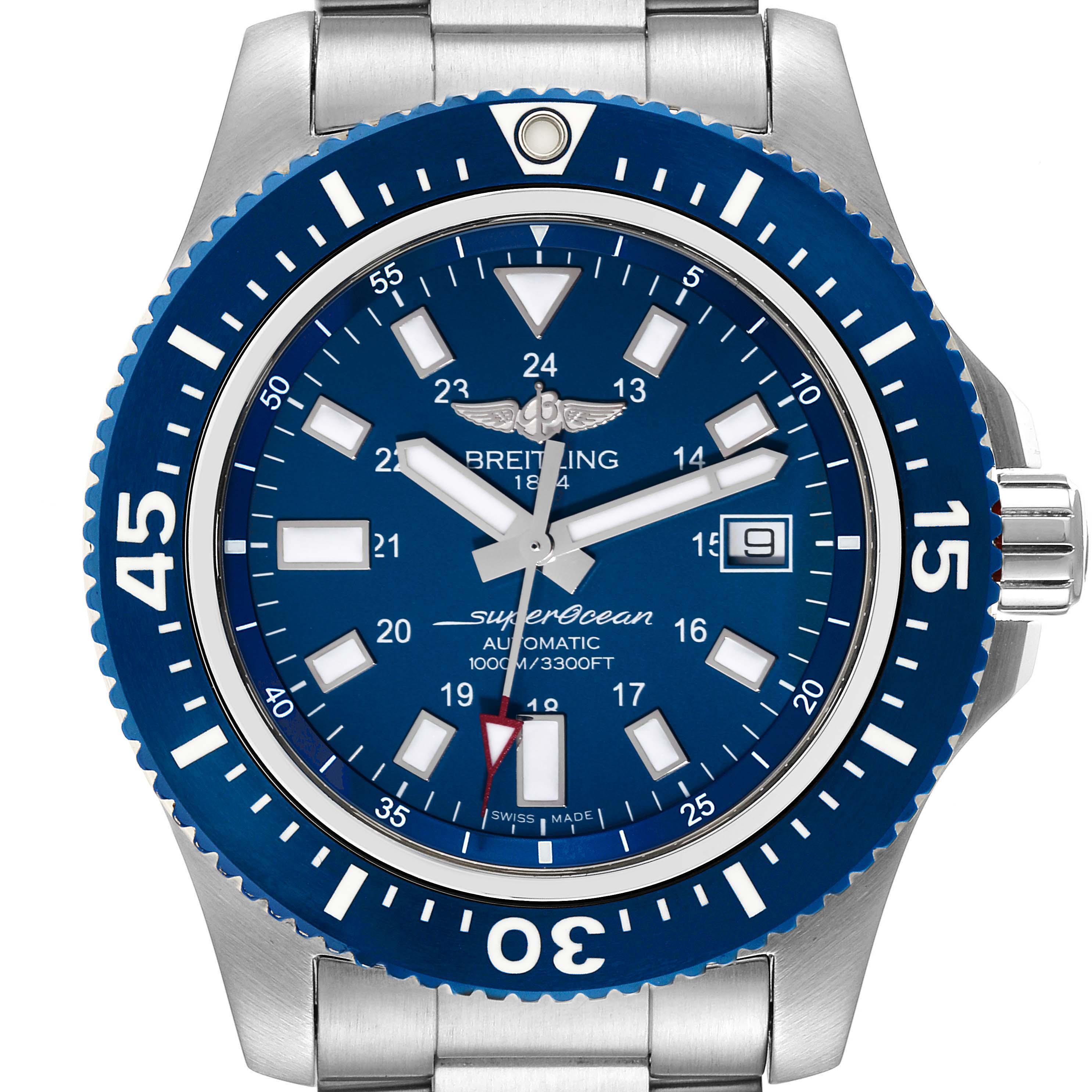The picture shows a front view of the Breitling Superocean Y17393 Men's Stainless Steel Blue Dial Y17393 Men's Stainless Steel Blue Dial watch, featuring a blue dial, rotating bezel, and metal bracelet.