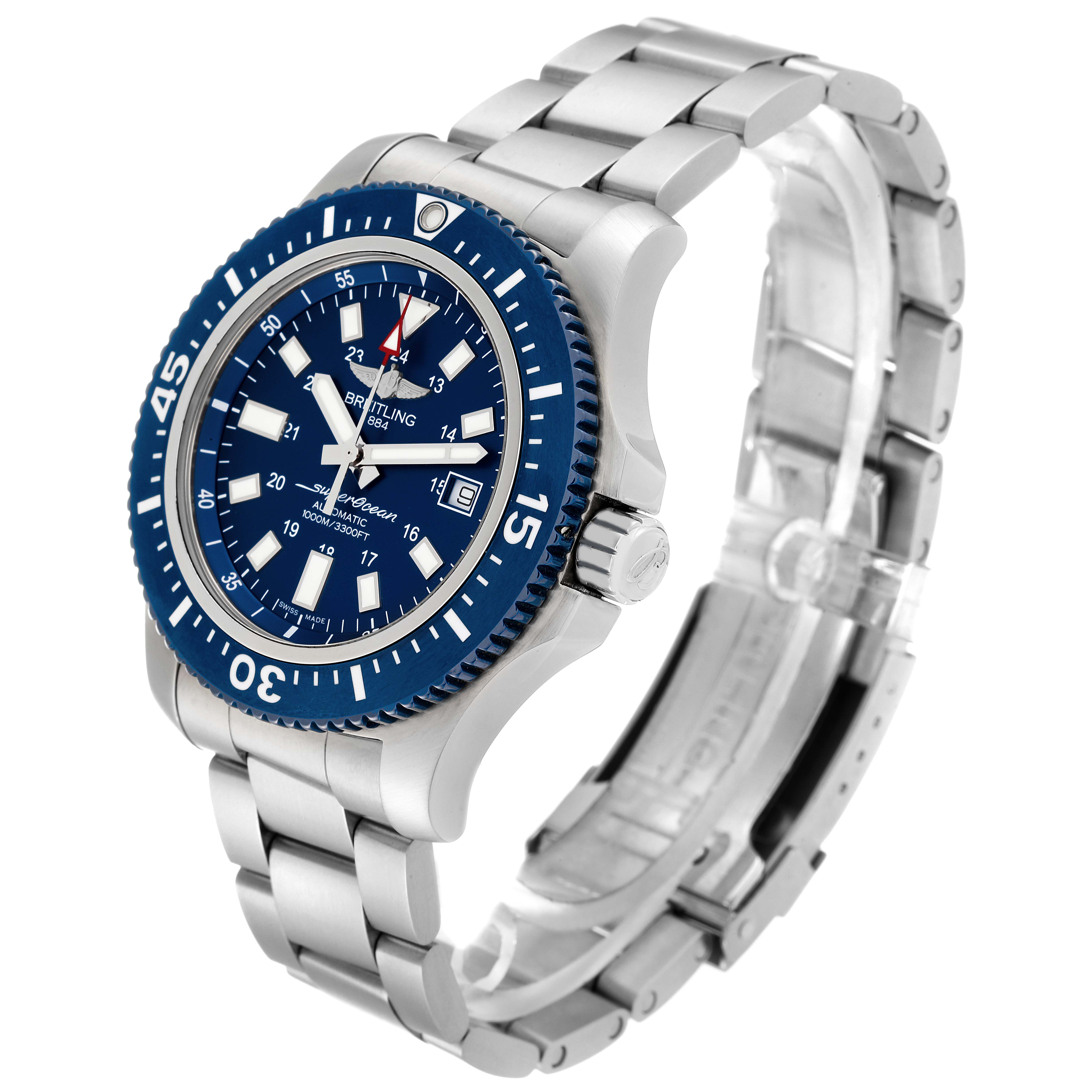 The Breitling Superocean Y17393 Men's Stainless Steel Blue Dial Y17393 Men's Stainless Steel Blue Dial model is shown at a three-quarter angle, displaying the dial, bezel, crown, and bracelet.