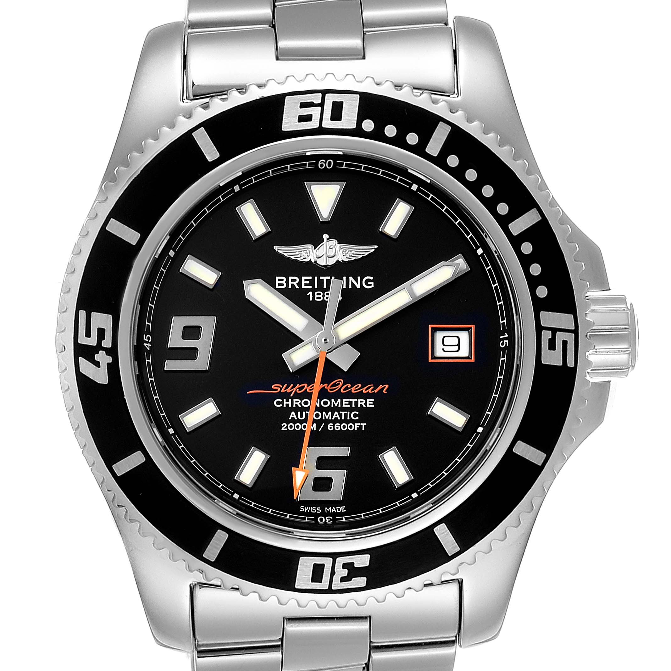This is a frontal view of a Breitling Superocean A17391 Men
s Stainless Steel Black Dial A17391 Men
s Stainless Steel Black Dial watch, showing the dial, bezel, hands, and part of the stainless steel bracelet.