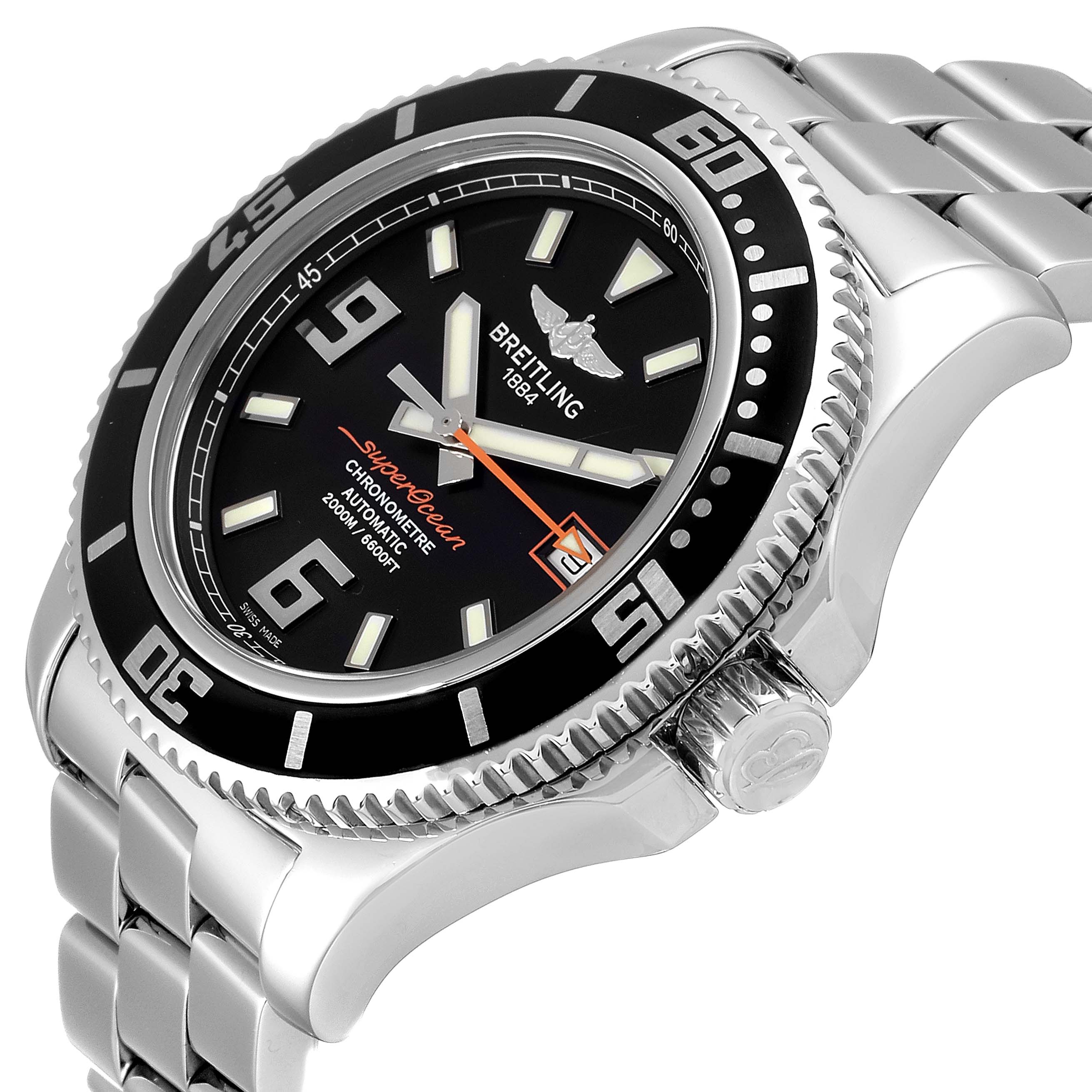 This image shows a Breitling Superocean A17391 Men
s Stainless Steel Black Dial A17391 Men
s Stainless Steel Black Dial watch from a 3/4 angle, highlighting its black dial, bezel, crown, and stainless steel bracelet.