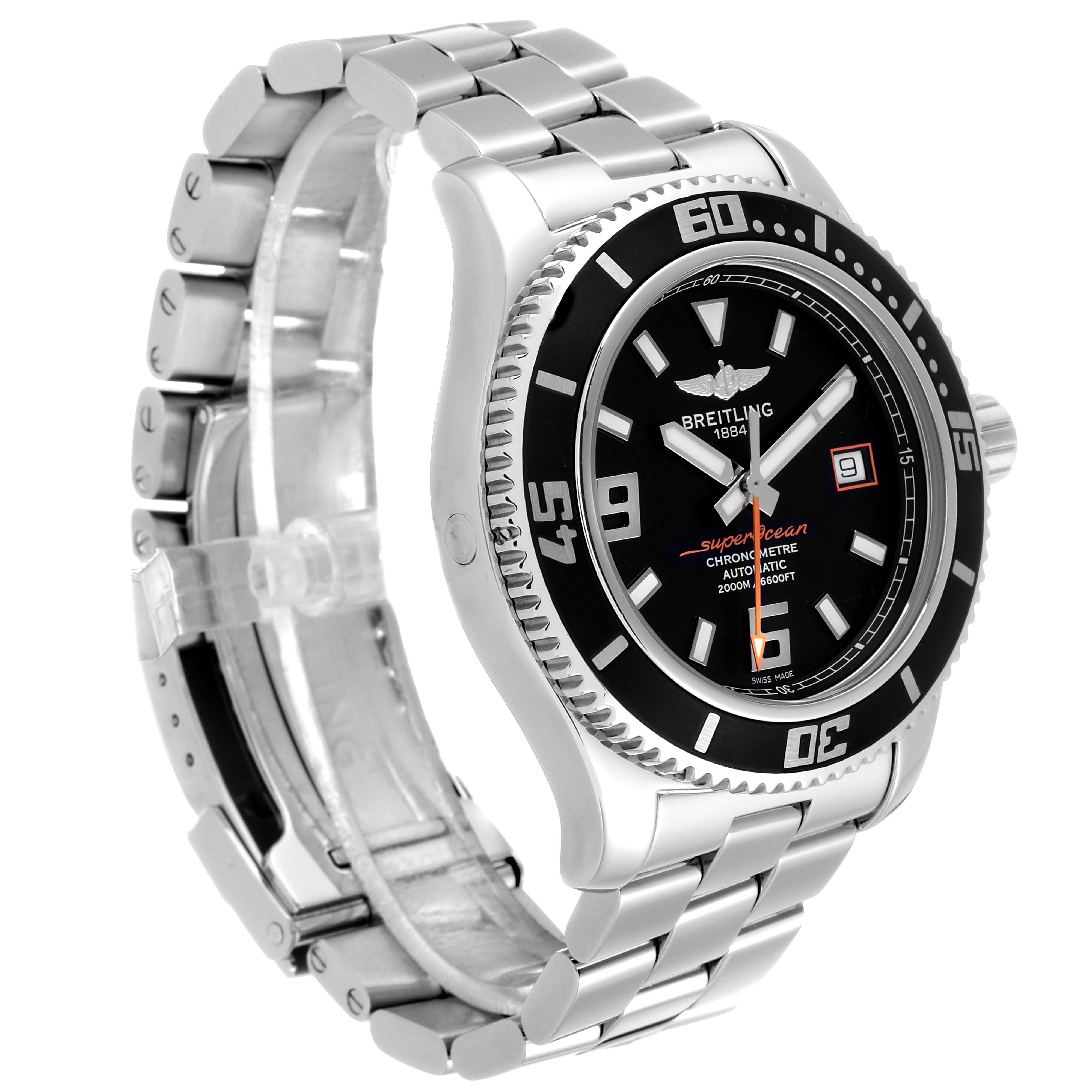 The image shows a side view of the Breitling Superocean A17391 Men
s Stainless Steel Black Dial A17391 Men
s Stainless Steel Black Dial watch, highlighting its stainless steel bracelet, bezel, and face.