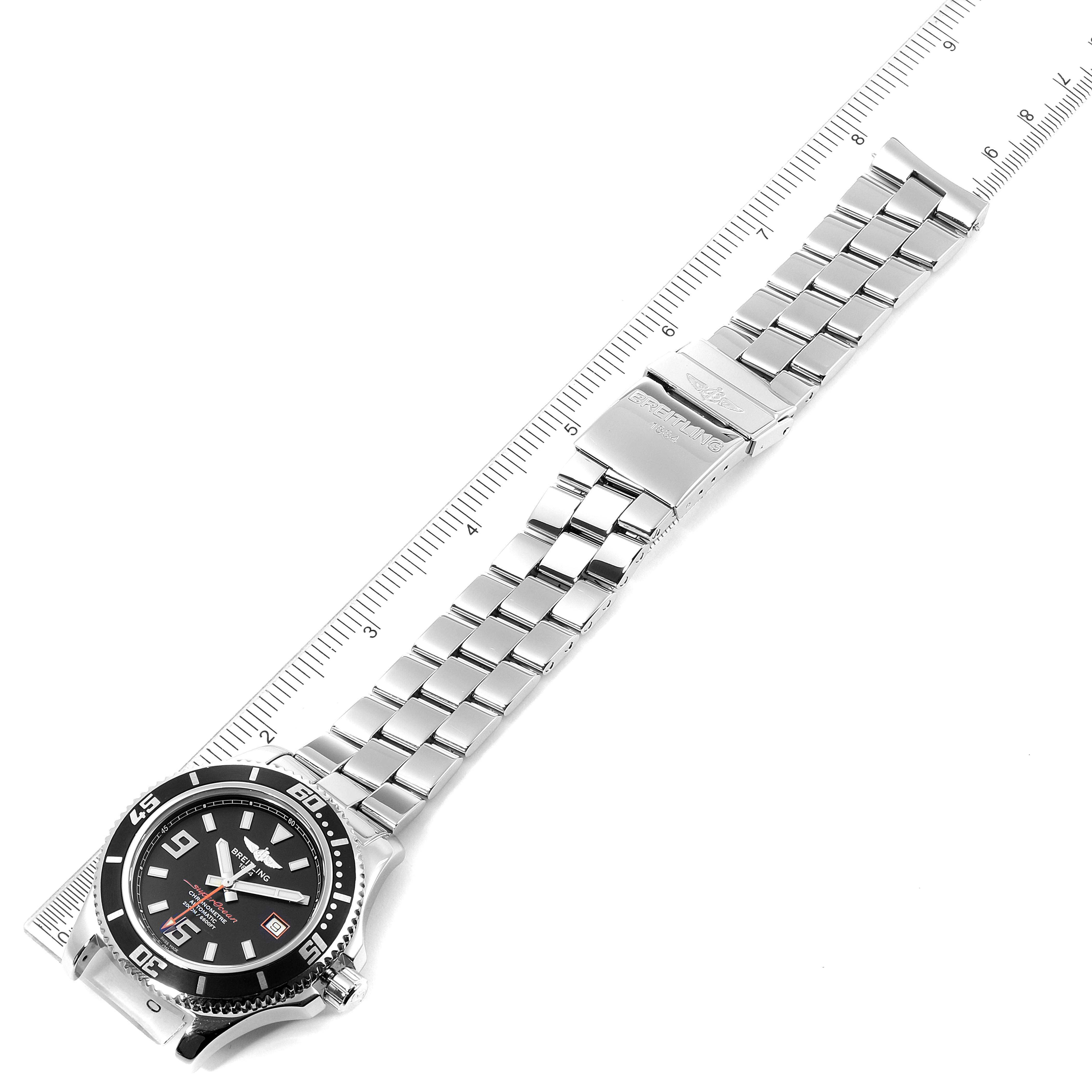 The Breitling Superocean A17391 Men
s Stainless Steel Black Dial A17391 Men
s Stainless Steel Black Dial watch is shown from a top-down angle, displaying its face, bezel, and metal bracelet.